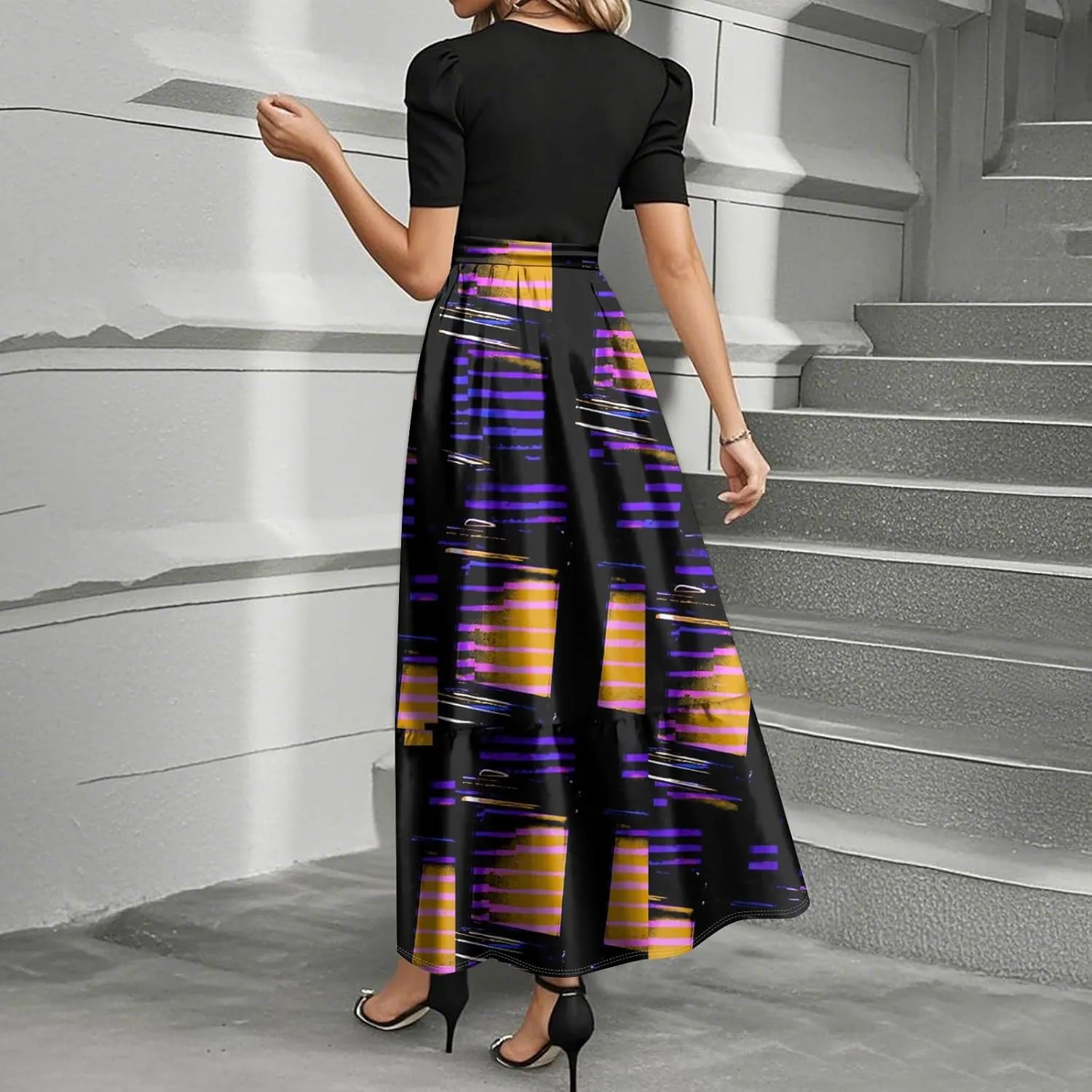Beach Boho Womens Dresses, 2025 Geometric Print Maxi Women's Jumpsuits Elegant Bow Crew Neck Womens Romper
