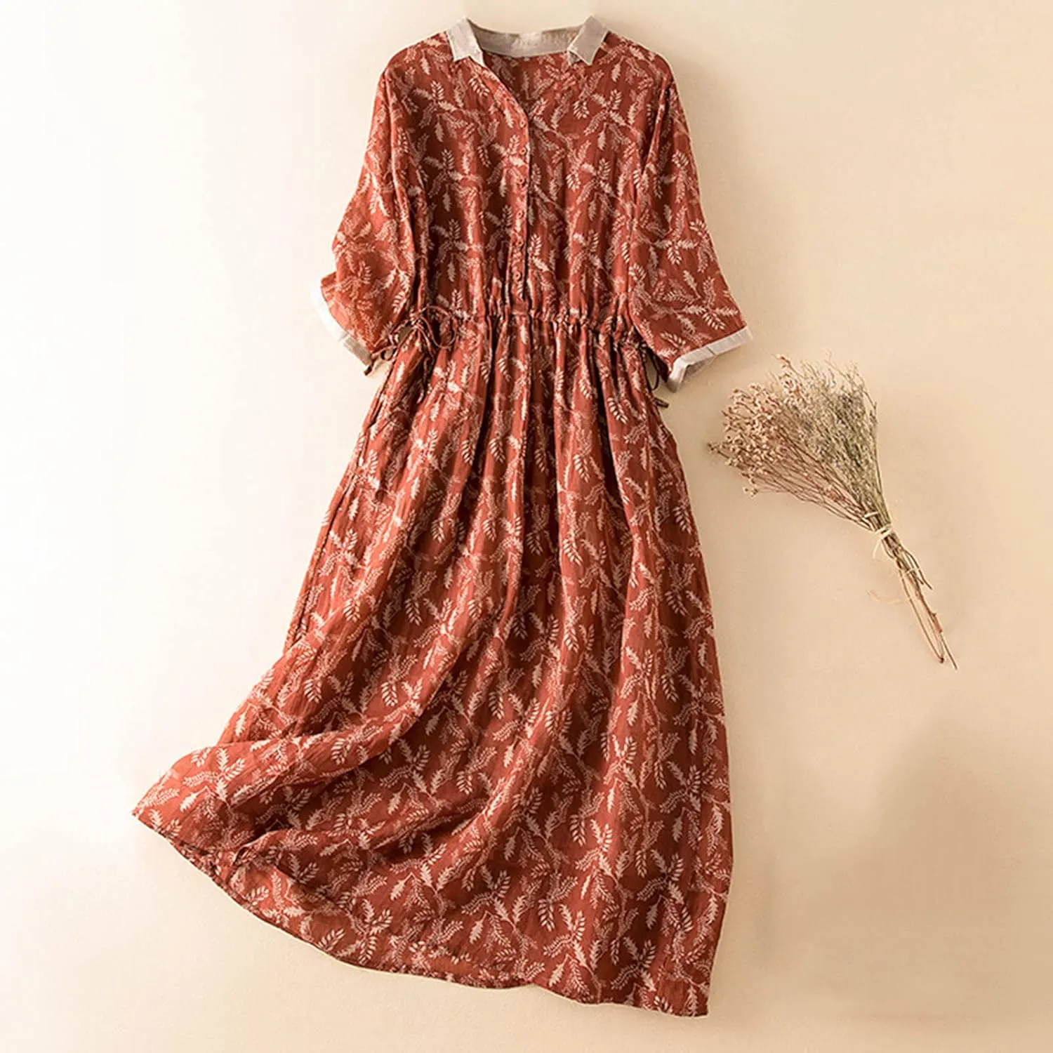 Beach Dresses for Women Summer Fall Long Sleeve Crew Neck Linen Maxi Long Fairy Hawaiian Pleated Dresses Women 2024