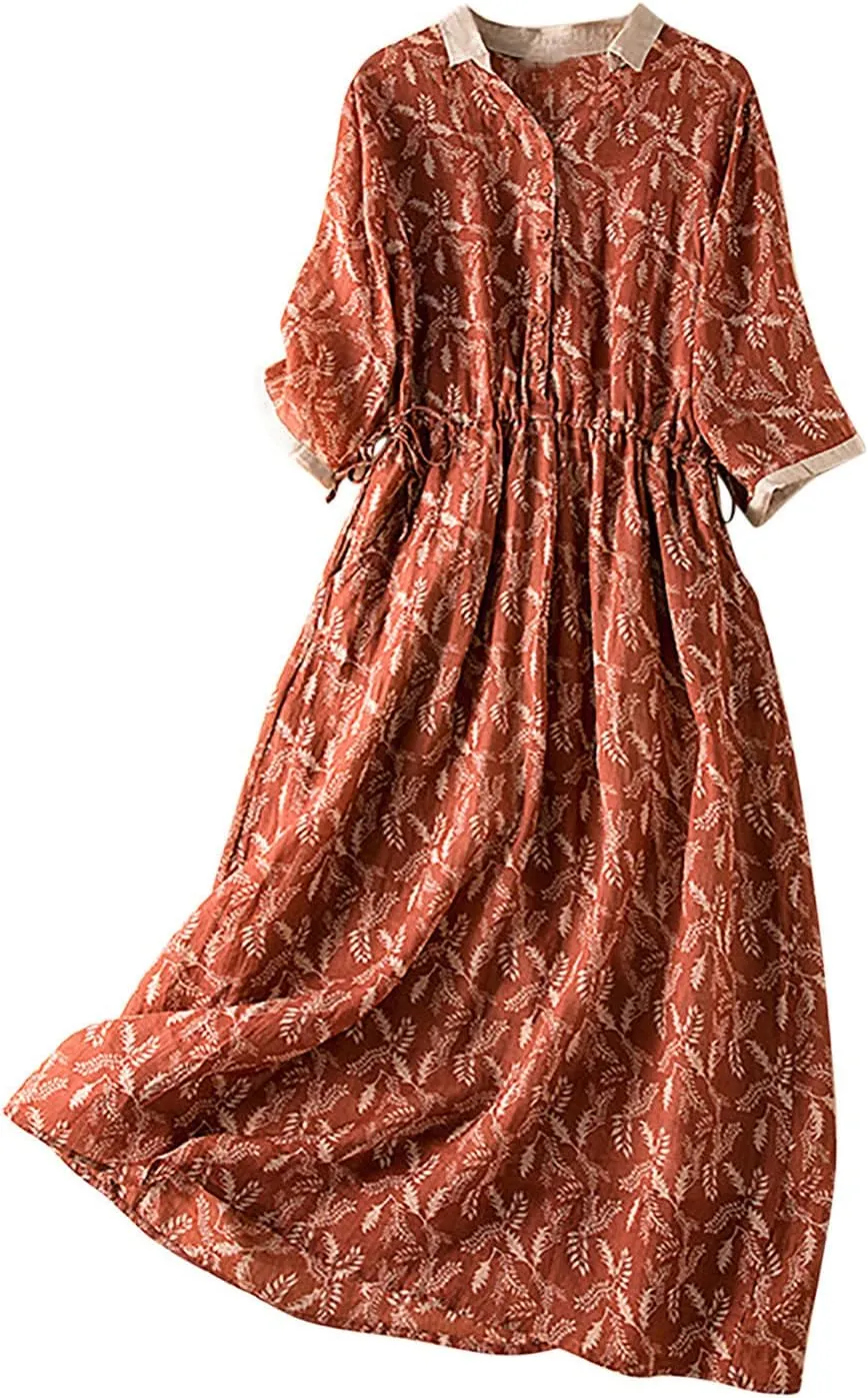 Beach Dresses for Women Summer Fall Long Sleeve Crew Neck Linen Maxi Long Fairy Hawaiian Pleated Dresses Women 2024