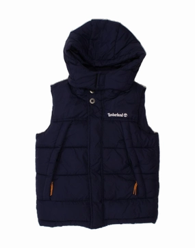 TIMBERLAND Boys Hooded Padded Gilet 4-5 Years Navy Blue Polyamide Grid Fleece Lining Technique