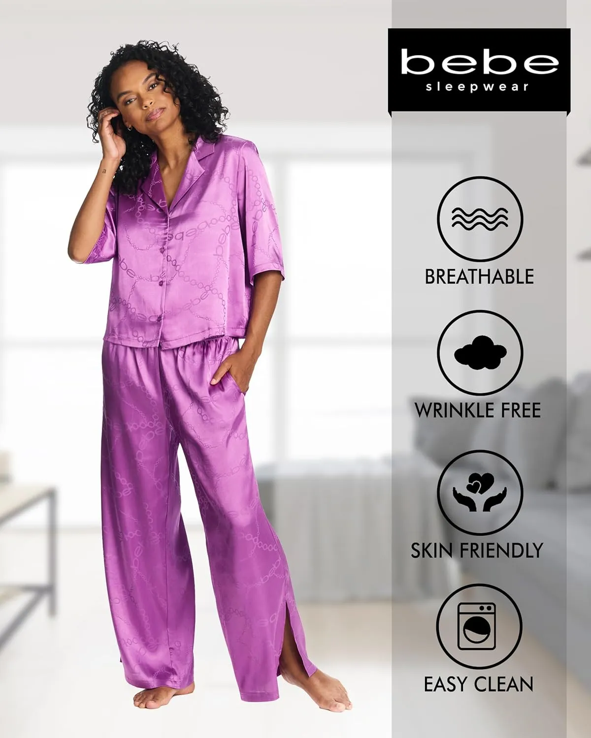 bebe Womens PJs Sets Jacquard Satin Bridesmaid Pajama Lounge Set,Womens Sleepwear, Ladies Gifts