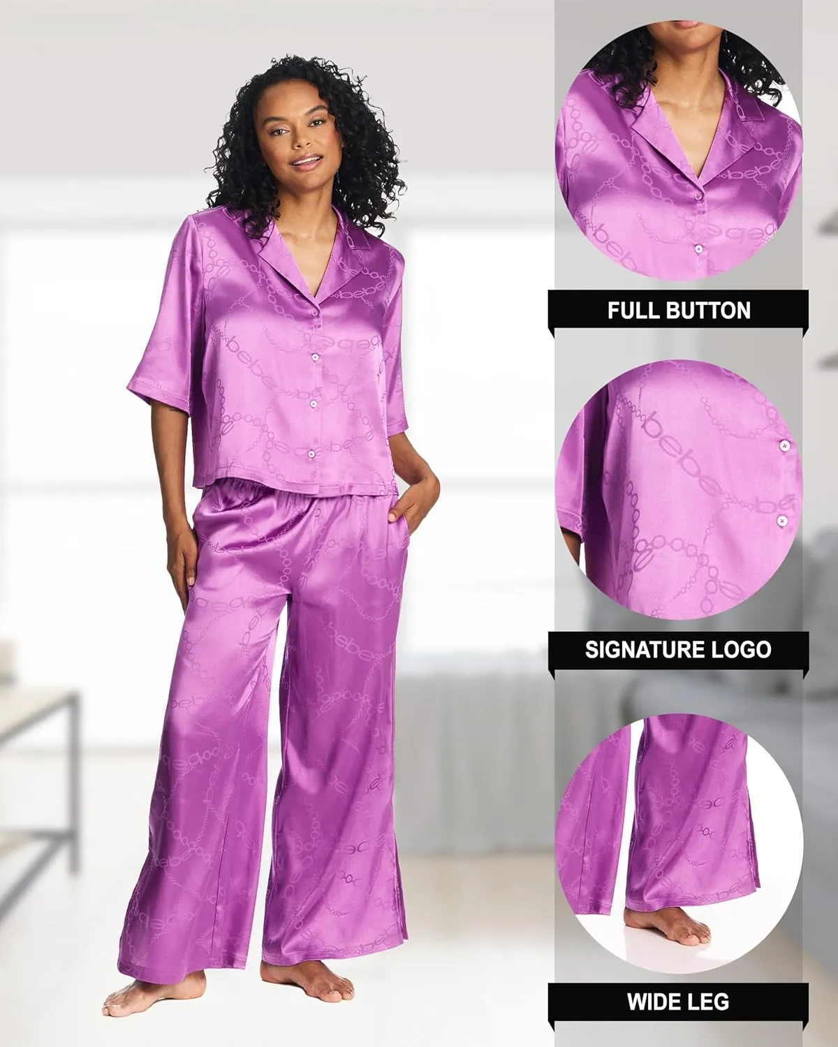 bebe Womens PJs Sets Jacquard Satin Bridesmaid Pajama Lounge Set,Womens Sleepwear, Ladies Gifts