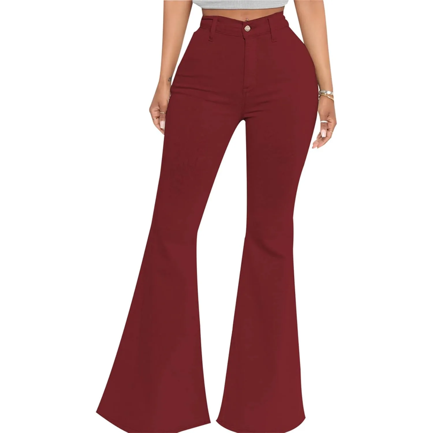 Bell Bottom Jeans for Women High Waisted Raw Hem Flared Jeans Stretch Slimming Wide Leg Flared Denim Pants (Medium,Claret)