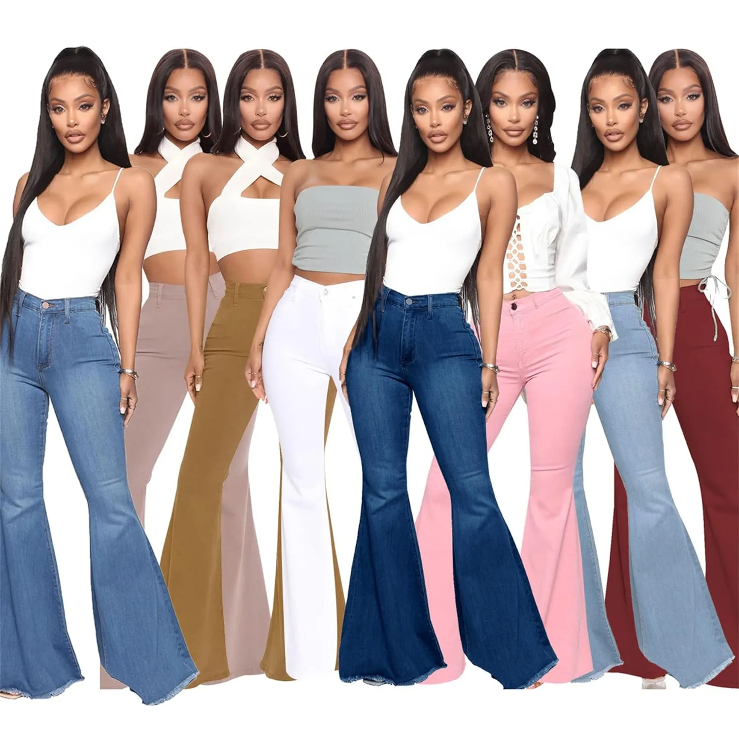 Bell Bottom Jeans for Women High Waisted Raw Hem Flared Jeans Stretch Slimming Wide Leg Flared Denim Pants (Medium,Claret)