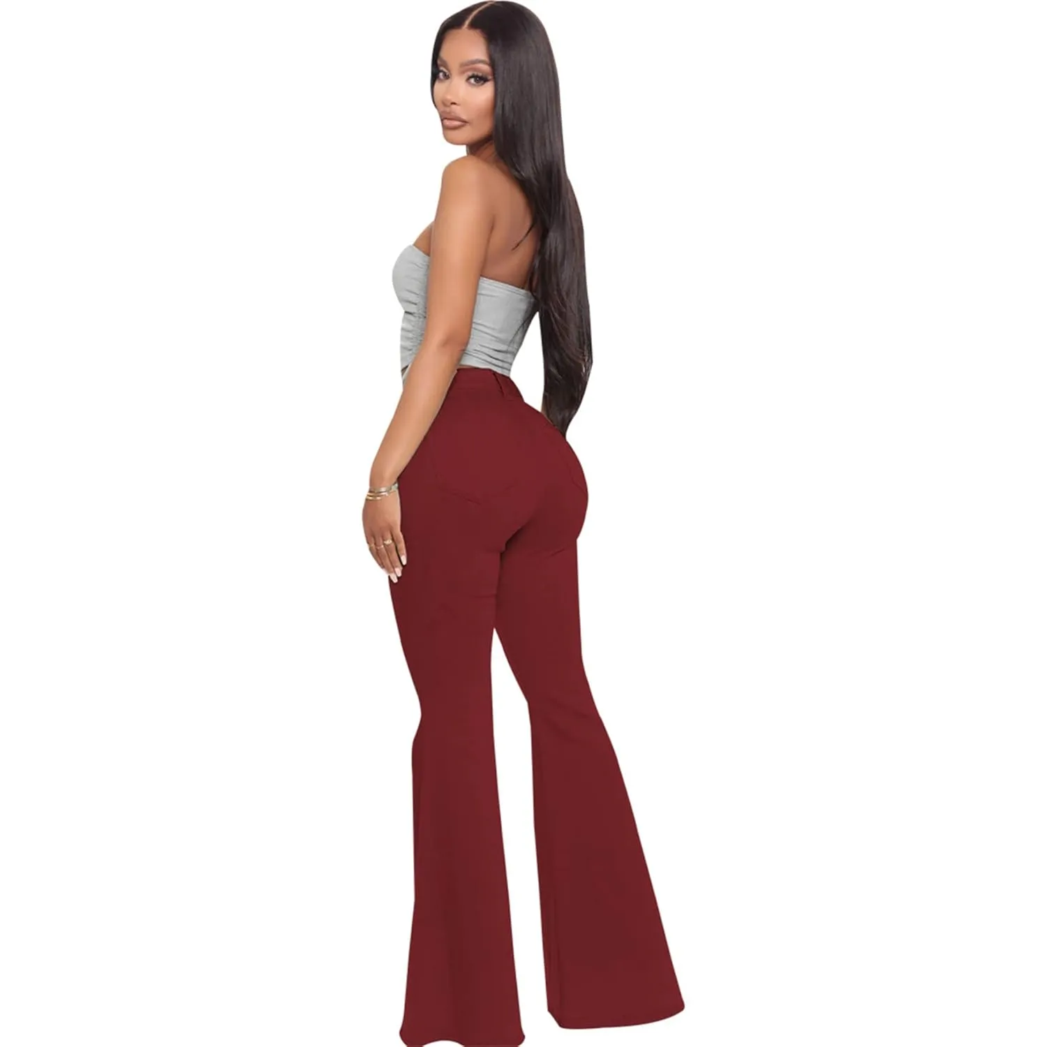 Bell Bottom Jeans for Women High Waisted Raw Hem Flared Jeans Stretch Slimming Wide Leg Flared Denim Pants (Medium,Claret)