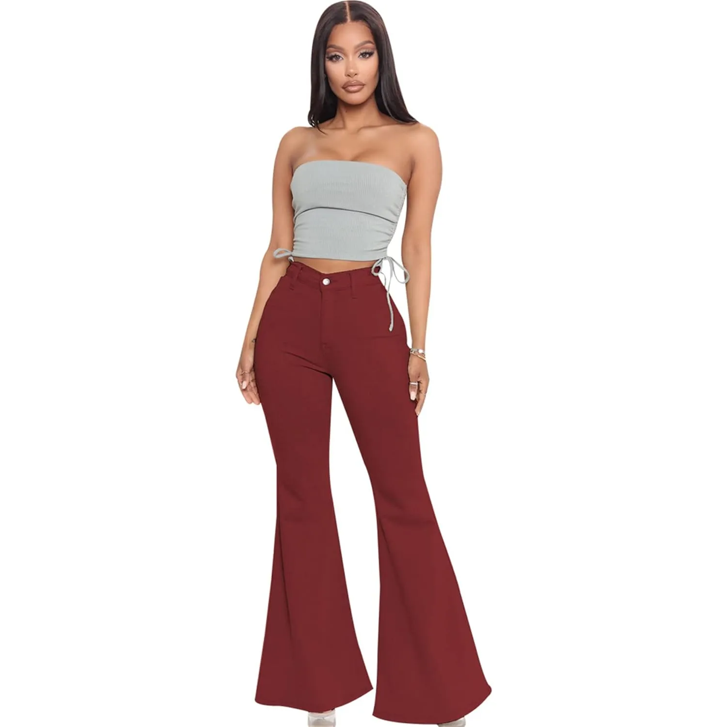 Bell Bottom Jeans for Women High Waisted Raw Hem Flared Jeans Stretch Slimming Wide Leg Flared Denim Pants (Medium,Claret)
