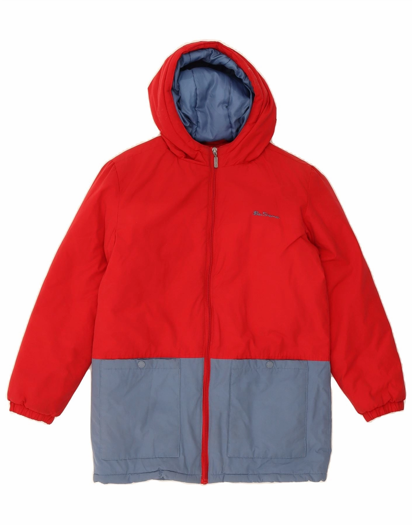 BEN SHERMAN Boys Hooded Padded Coat 12-13 Years Red Colourblock Cotton mountain scene
