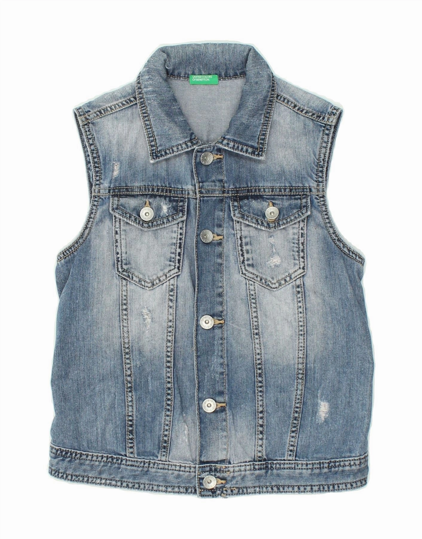 BENETTON Boys Distressed Denim Gilet 5-6 Years Blue Opinion