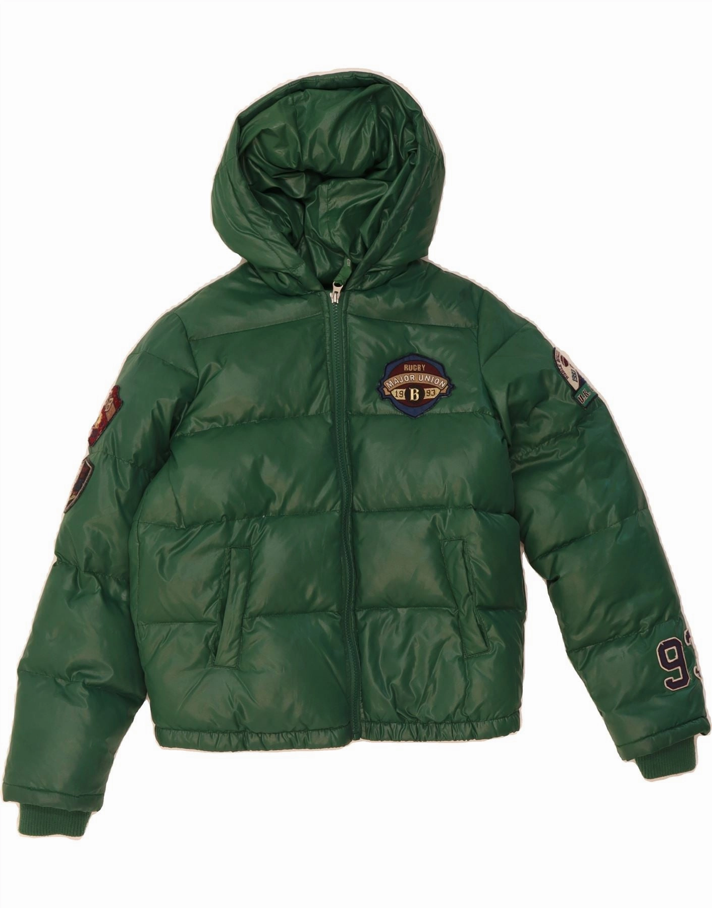 BENETTON Boys Graphic Hooded Padded Jacket 10-11 Years XL Green Polyester Ventilation Panels special - occasion wear