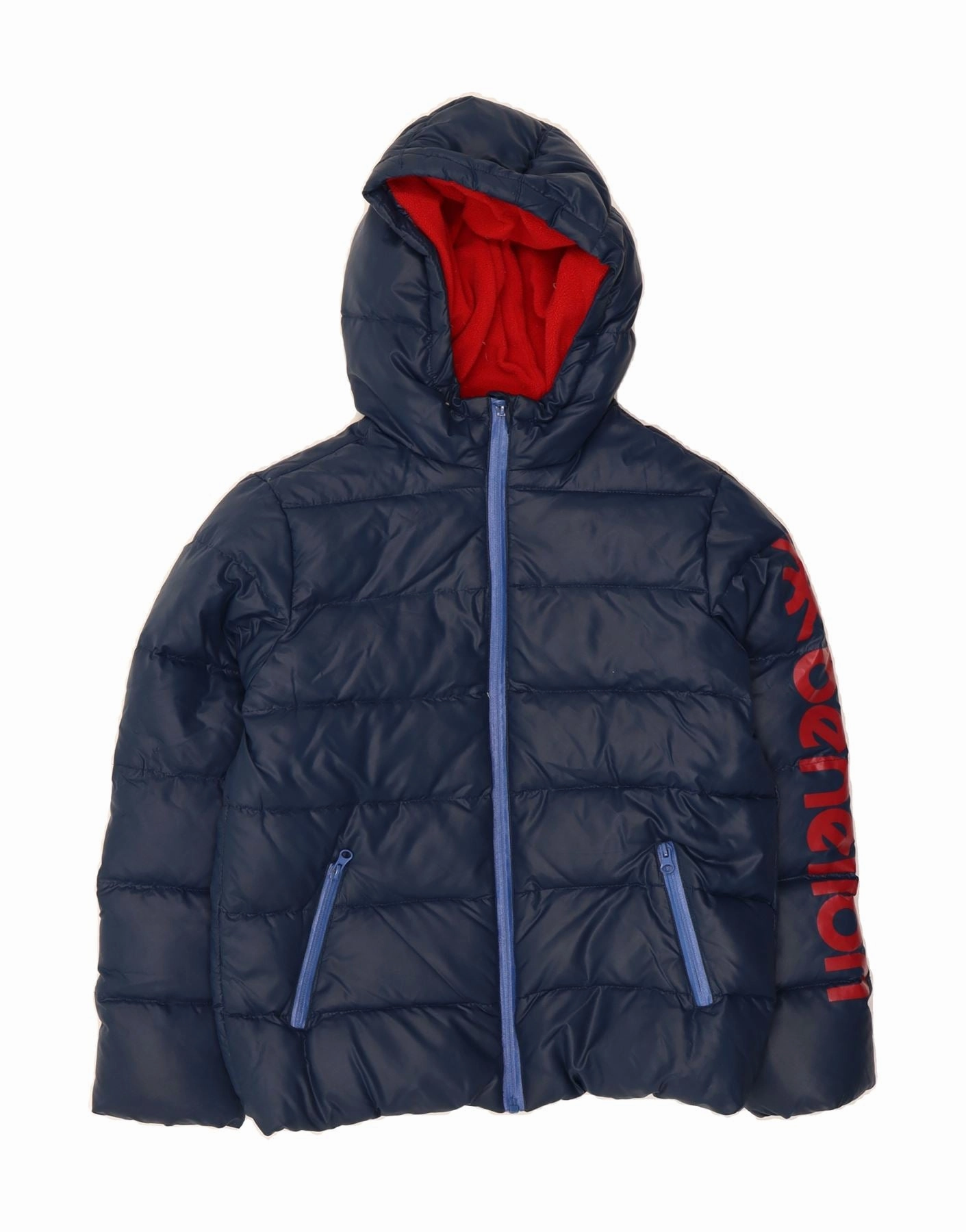 Reflective Detail High Visibility Elements BENETTON Boys Graphic Hooded Padded Jacket 10-11 Years XL Navy Blue