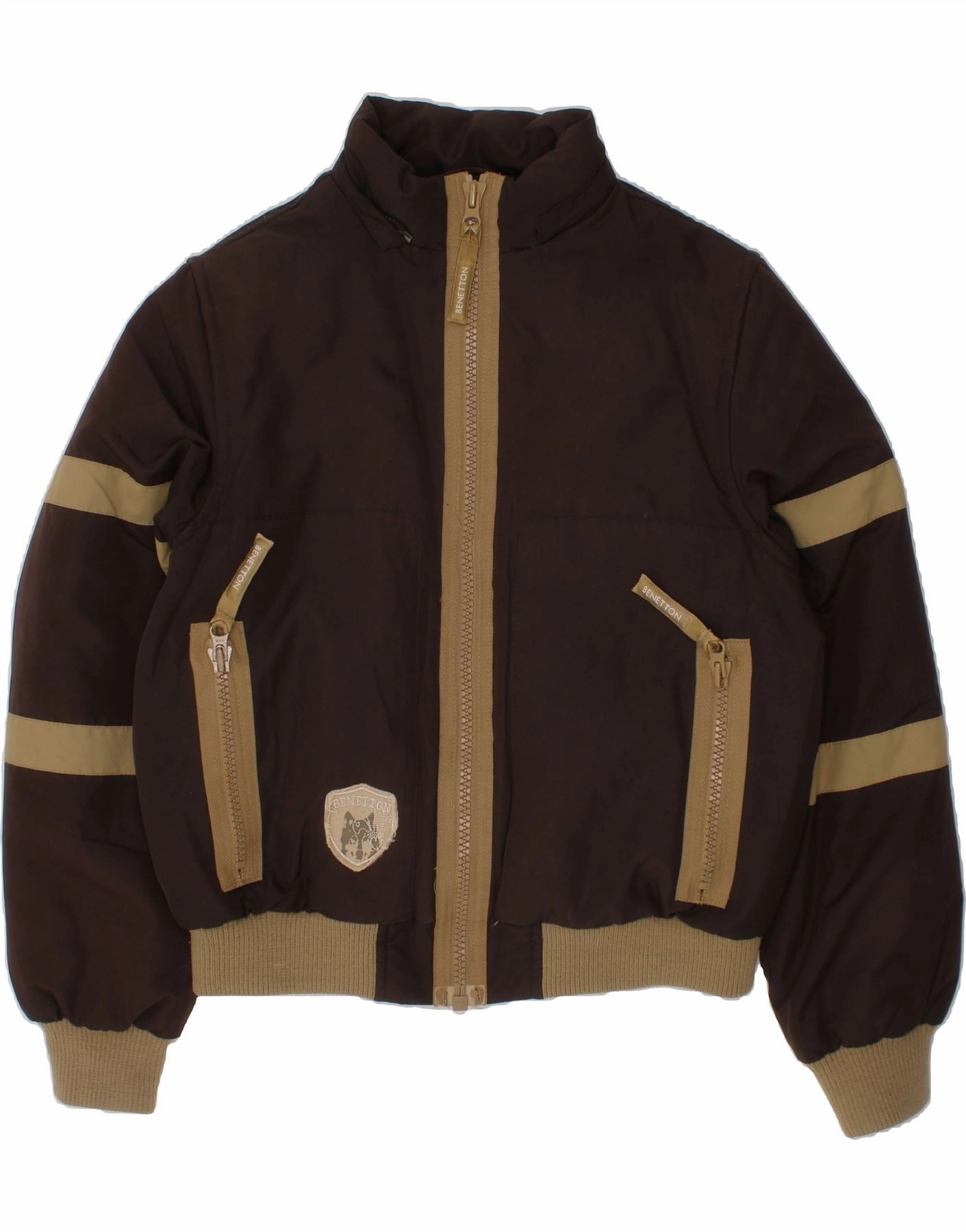 BENETTON Boys Graphic Padded Jacket 8-9 Years Large Brown Windproof Design Softshell Fabric Technology
