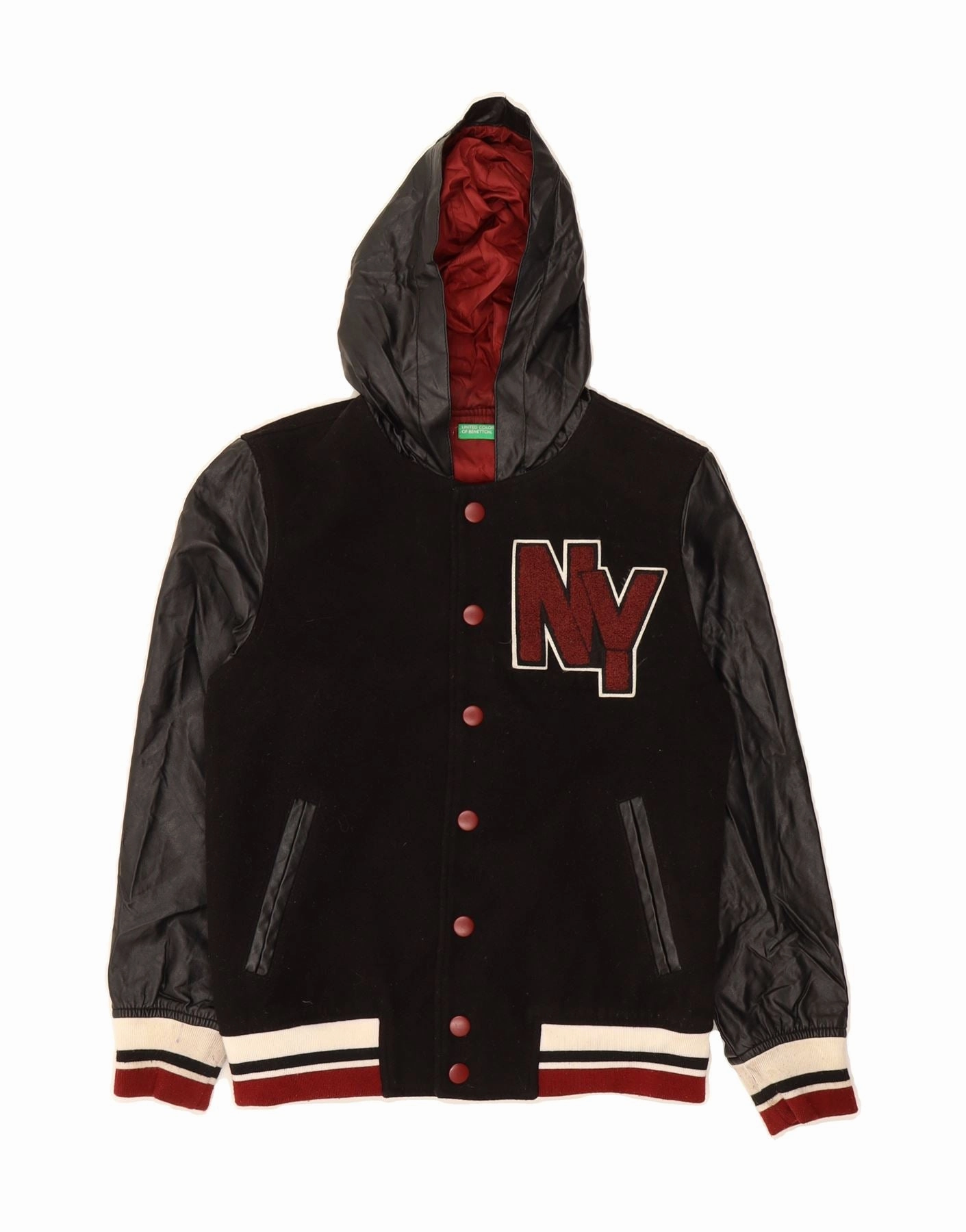 BENETTON Boys Graphic Varsity Jacket 10-11 Years XL Black Colourblock Enhance Price