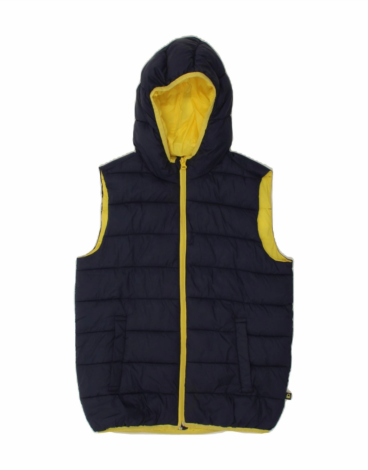 BENETTON Boys Hooded Padded Gilet 10-11 Years XL Navy Blue Colourblock Taped Zipper Closures