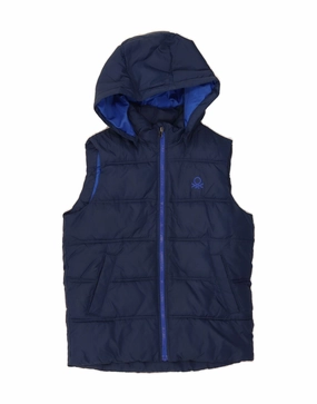 Wind Layer BENETTON Boys Hooded Padded Gilet 10-11 Years XL Navy Blue Polyester