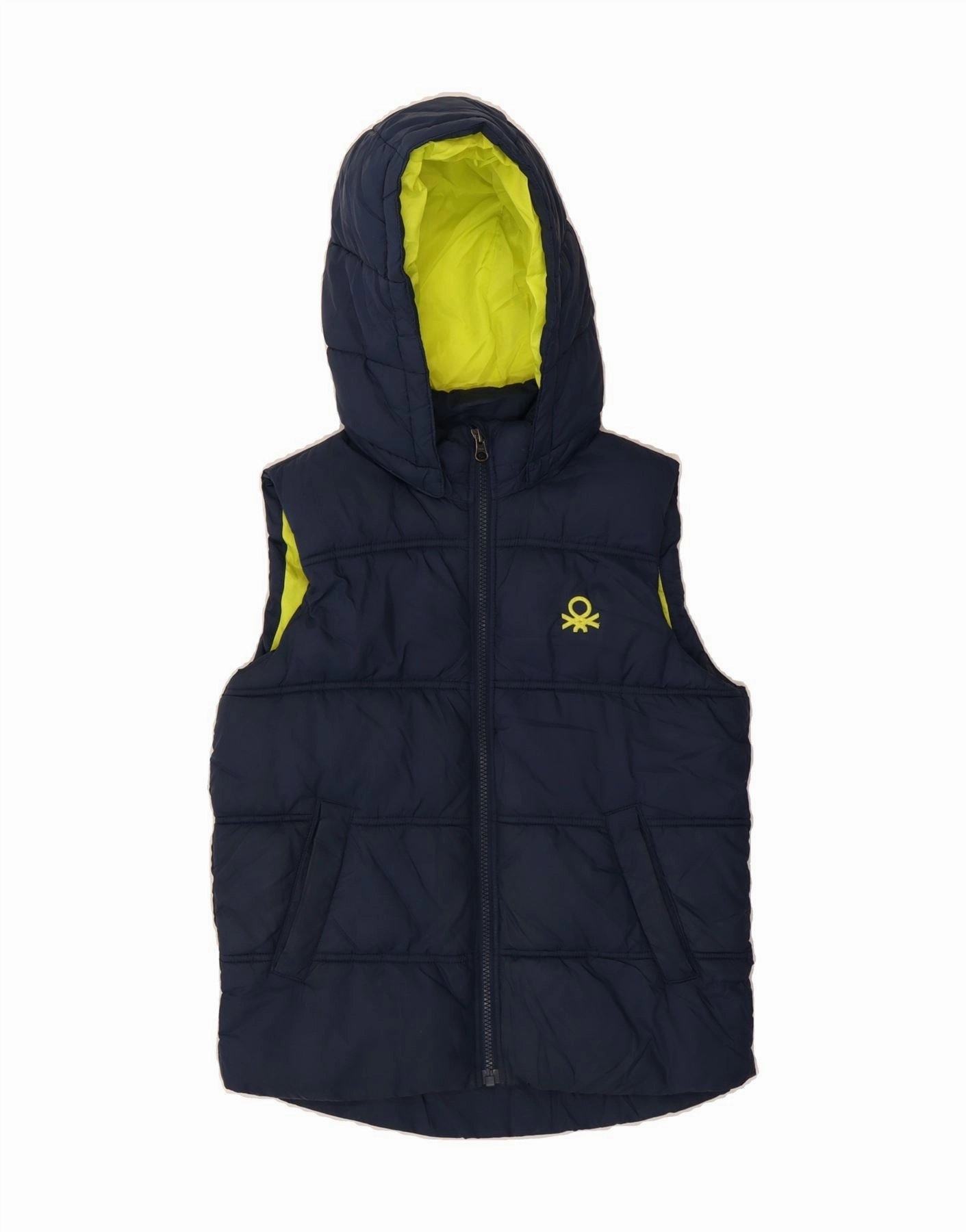 Stylish Protection work commute BENETTON Boys Hooded Padded Gilet 11-12 Years Navy Blue Polyester