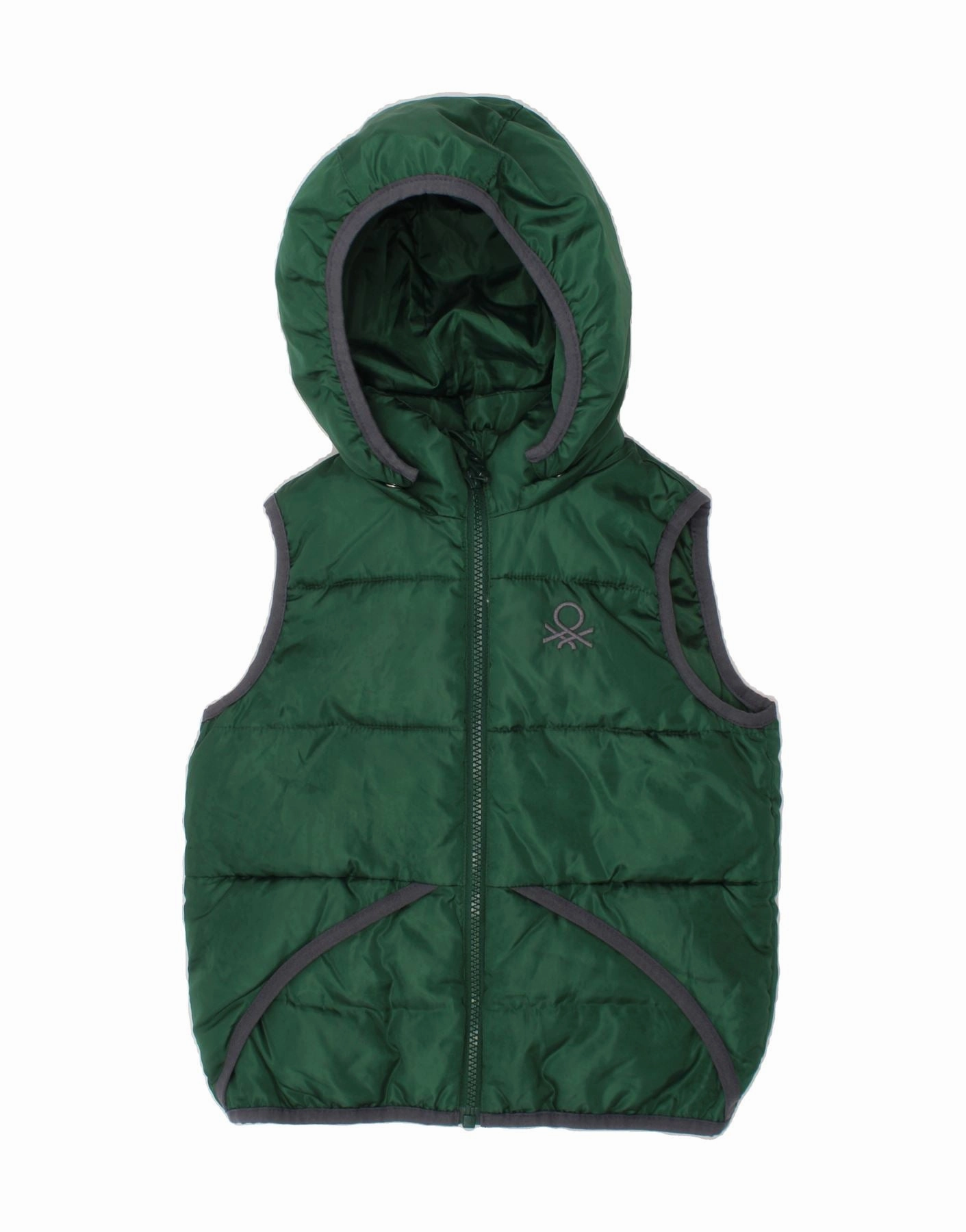 BENETTON Boys Hooded Padded Gilet 3-4 Years 2XS  Green Polyester Articulated Elbows All Weather Versatility