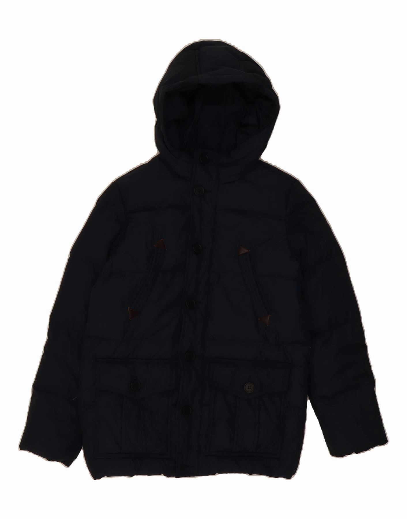 BENETTON Boys Hooded Padded Jacket 10-11 Years XL Navy Blue Polyester Hidden Zipper Closure