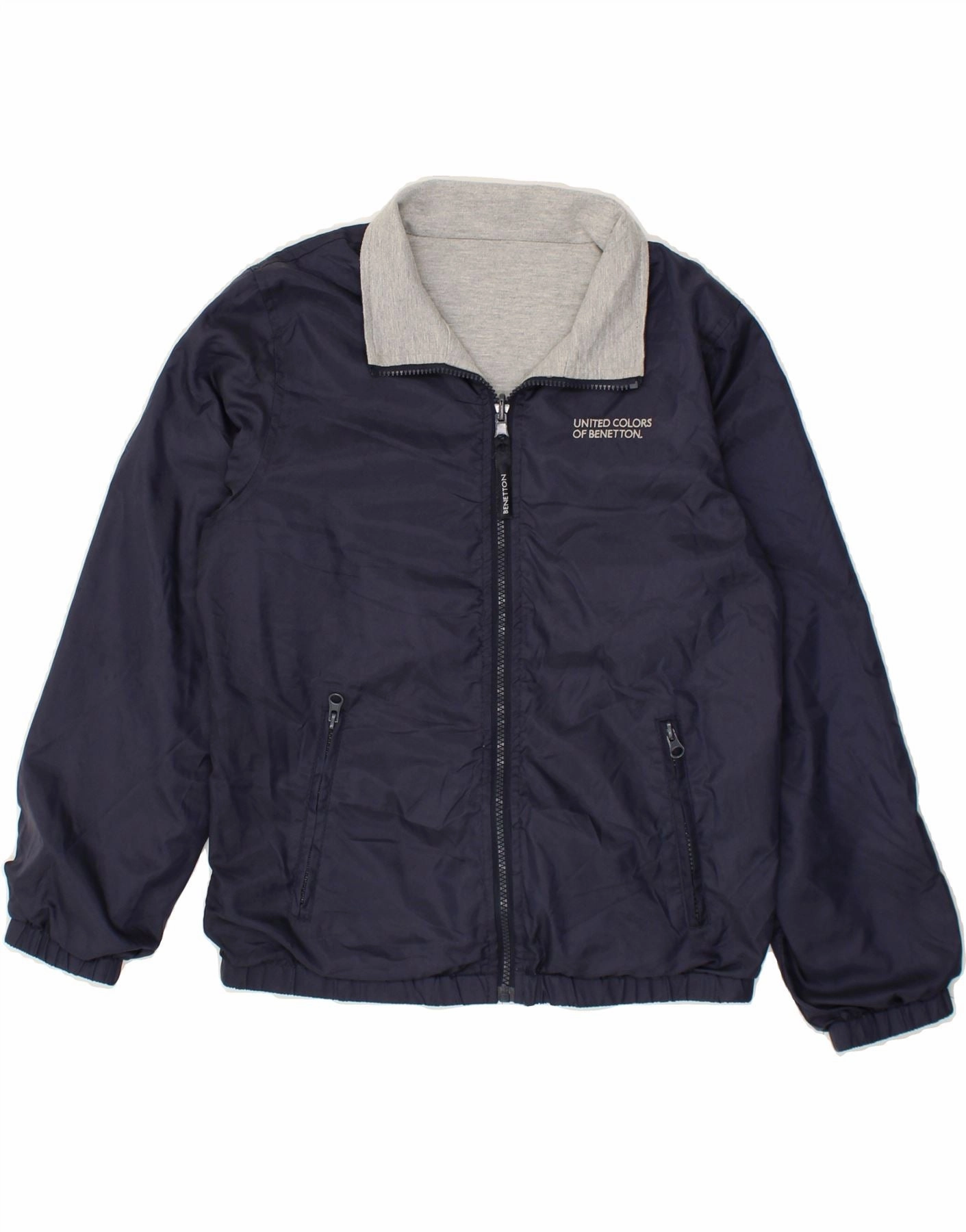 BENETTON Boys Reversible Jacket 11-12 Years XL Navy Blue Cotton Windproof Closure Music