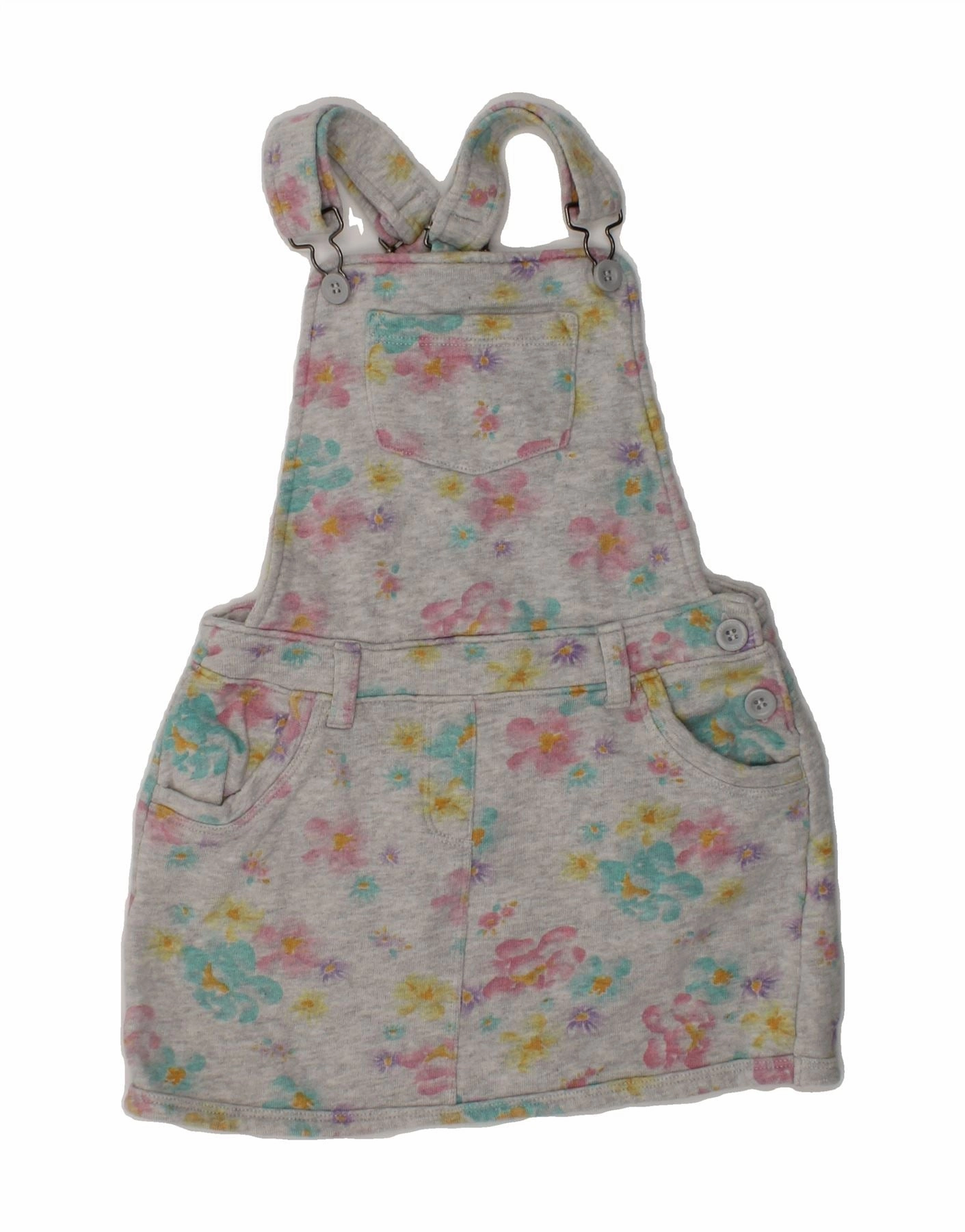 BENETTON Girls Dungaree Dress 4-5 Years XS Grey Floral Cotton Effortless Pair