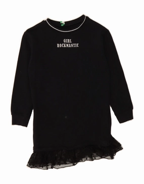 BENETTON Girls Long Sleeve Graphic Jumper Dress 7-8 Years Medium  Black Night wear Stretch-Recovery