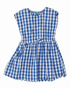 Casual Look Stud-Detail BENETTON Girls Sleeveless A-Line Dress 6-7 Years Blue Gingham Cotton