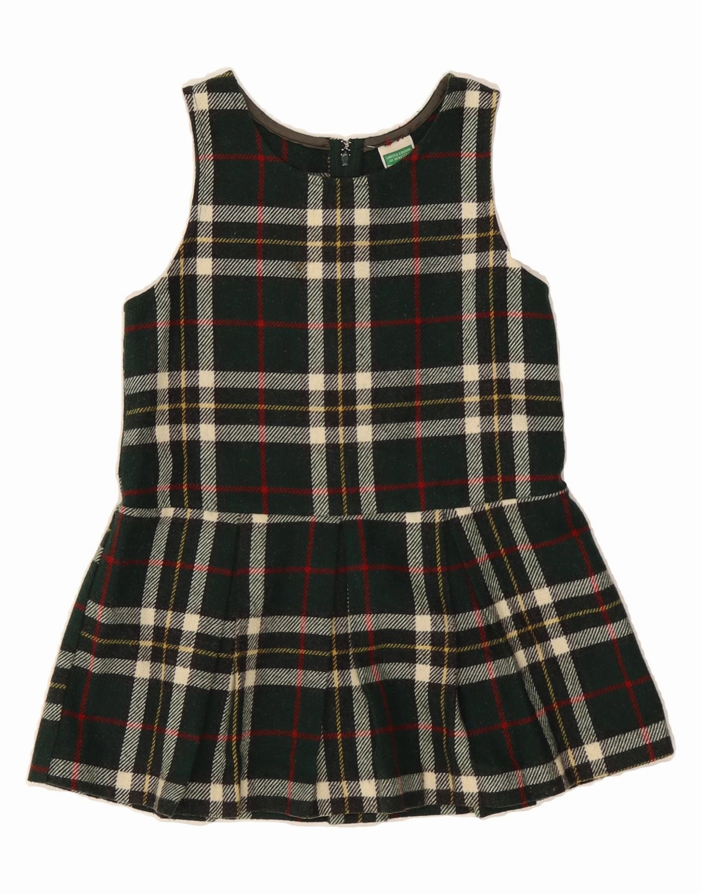 BENETTON Girls Sleeveless Pleated A-Line Dress 5-6 Years Green Check Everyday Look Perfect Proportion