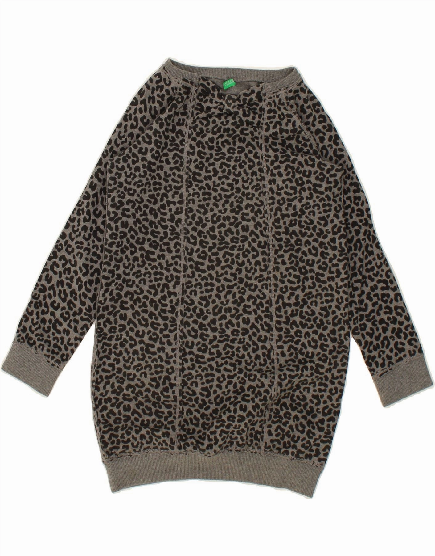 BENETTON Girls Sweatshirt Jumper Dress 10-11 Years Grey Animal Print Satin Soft Bloom Zone