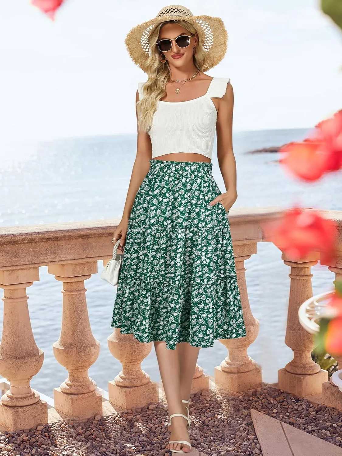 Berydress Midi Skirt for Women with Pockets 2025 High Waist A Line Casual Summer Boho Flowy Tiered Ruffle Beach Skirts
