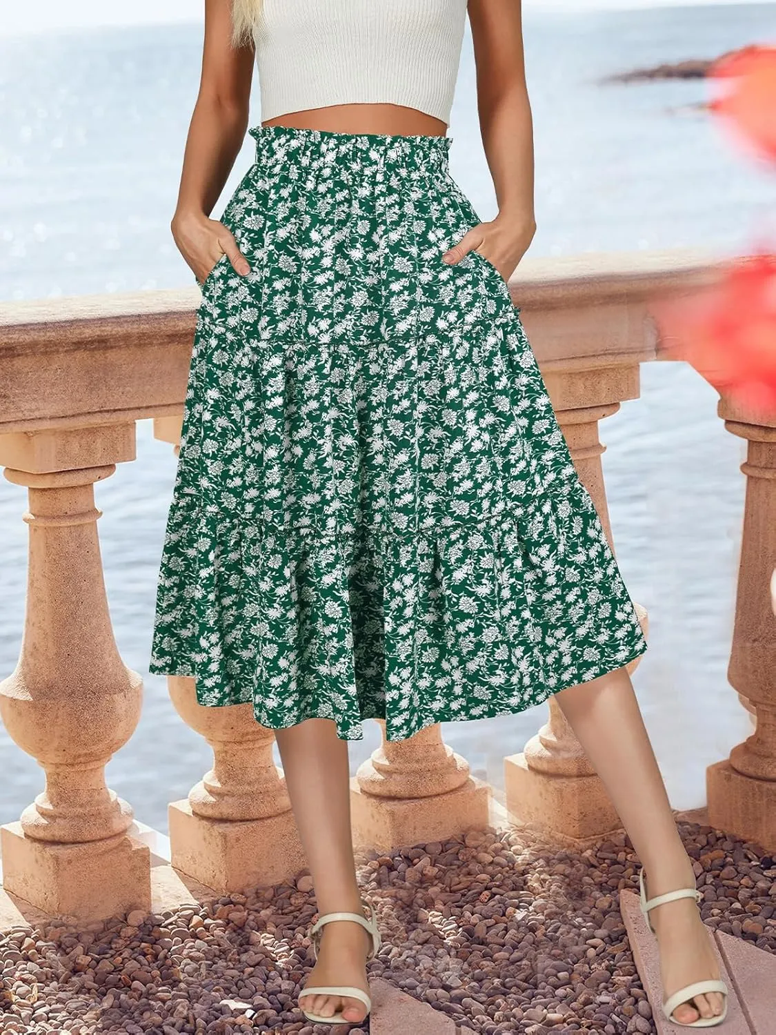 Berydress Midi Skirt for Women with Pockets 2025 High Waist A Line Casual Summer Boho Flowy Tiered Ruffle Beach Skirts