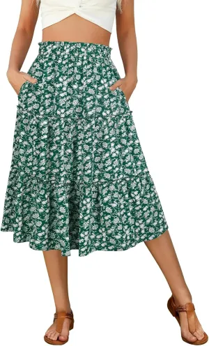 Berydress Midi Skirt for Women with Pockets 2025 High Waist A Line Casual Summer Boho Flowy Tiered Ruffle Beach Skirts