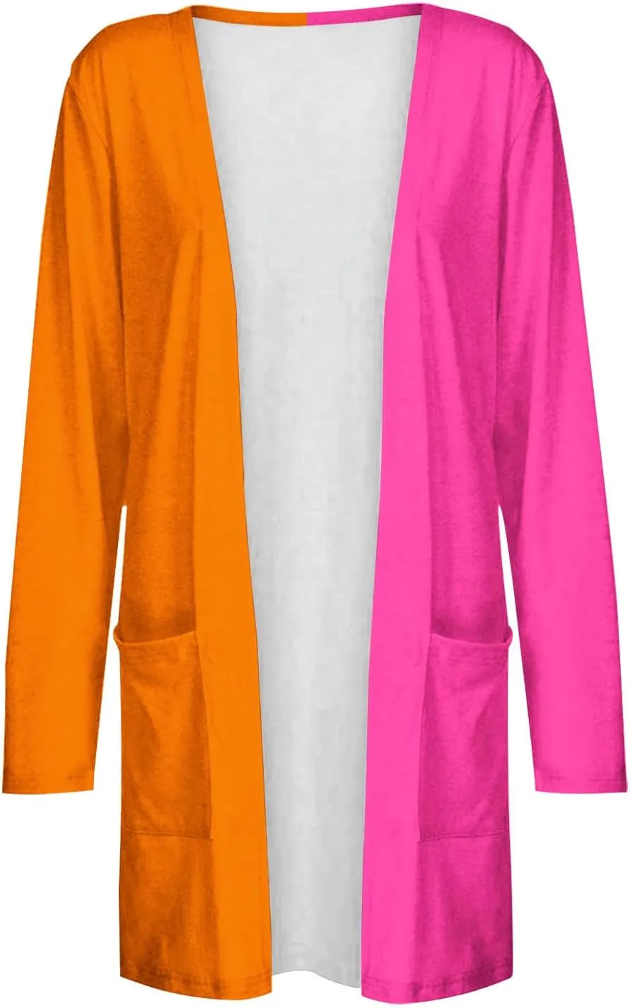 Bidobibo Cardigan Sweaters for Women Dressy Color Block Long Sleeve Top Casual Open Front Sweaters Womens Fall Outwear Coat