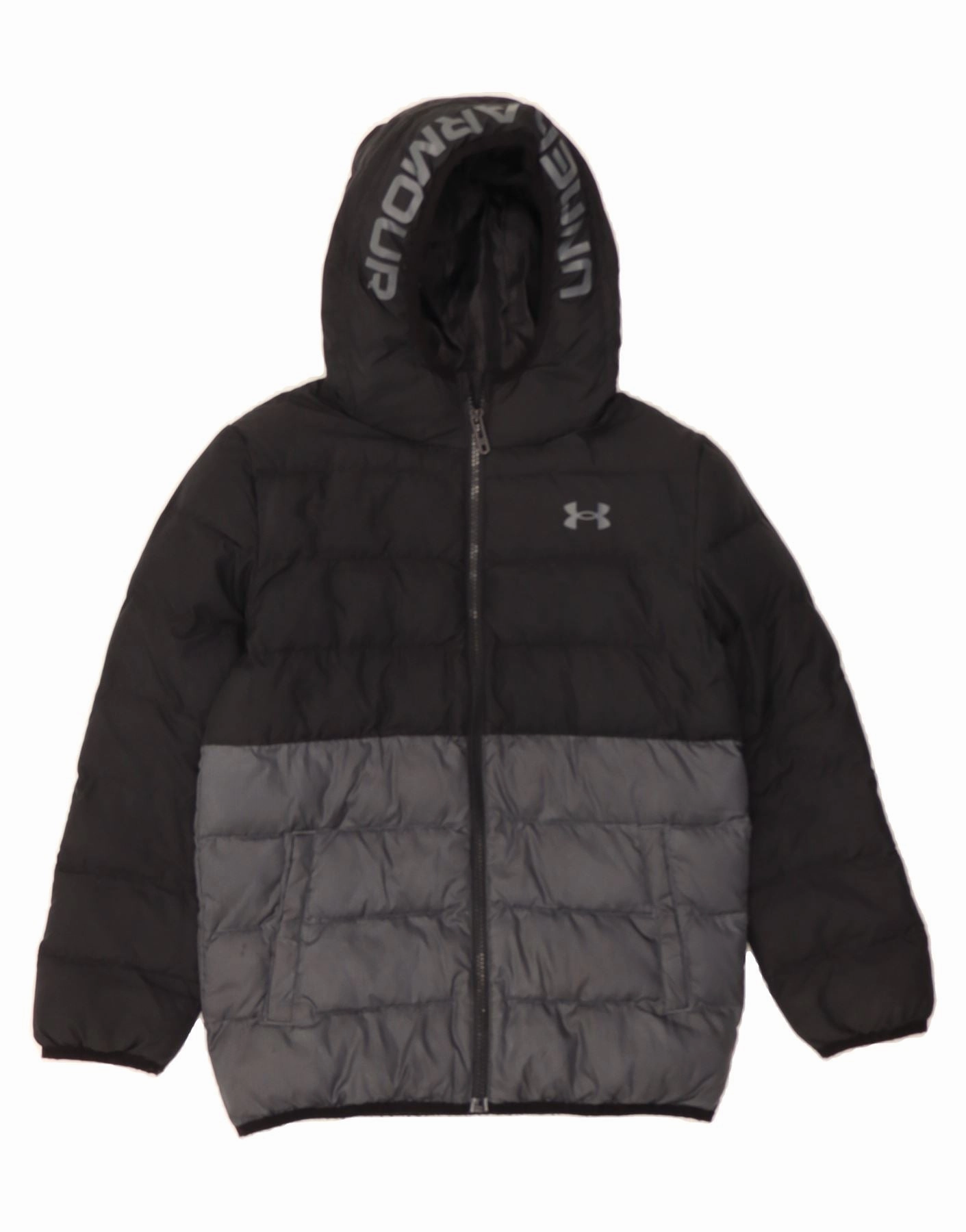 UNDER ARMOUR Boys Graphic Padded Jacket 10-11 Years Black Colourblock suitable for performance costumes