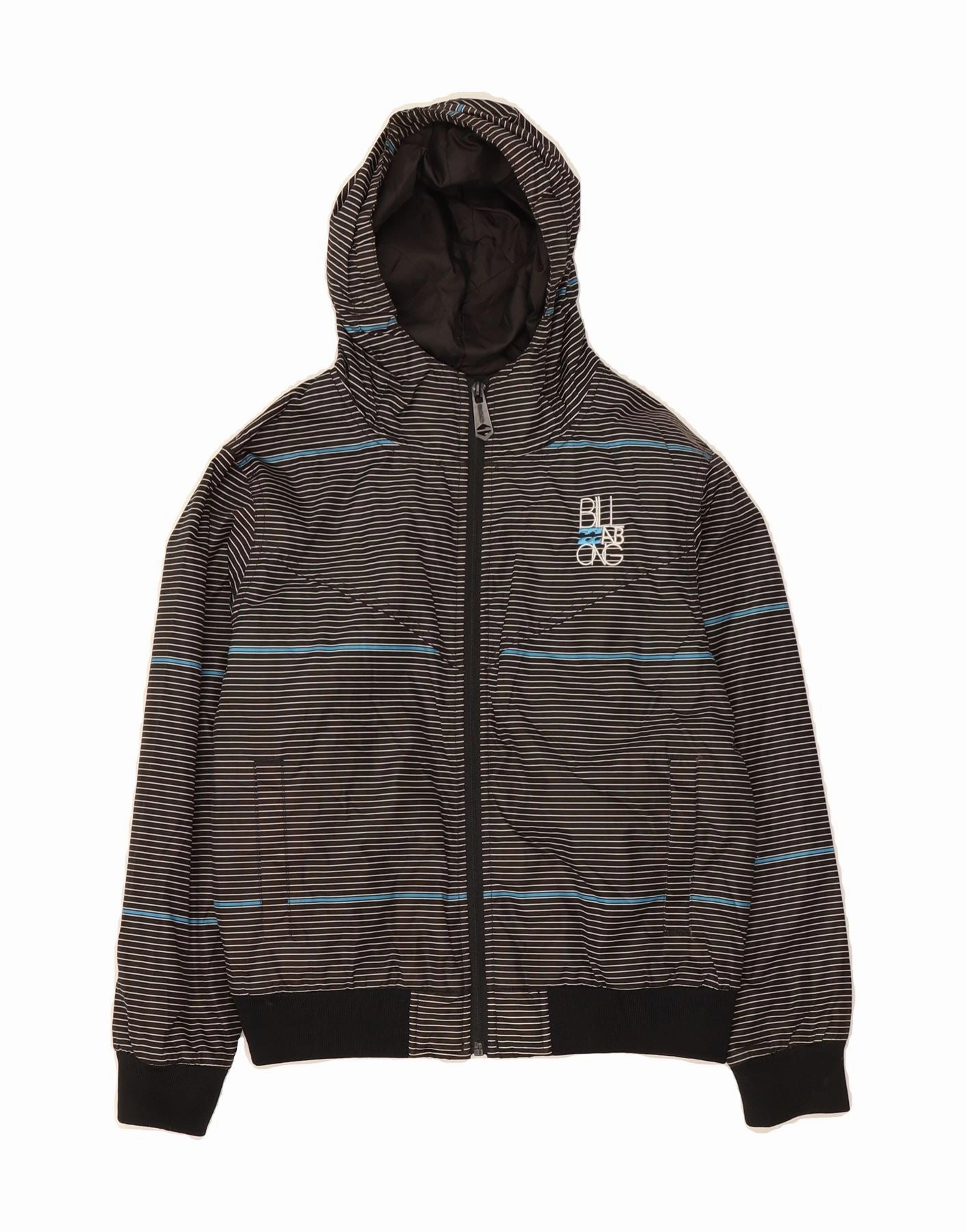 Cozy Design BILLABONG Boys Hooded Bomber Jacket 9-10 Years Black Pinstripe Polyester
