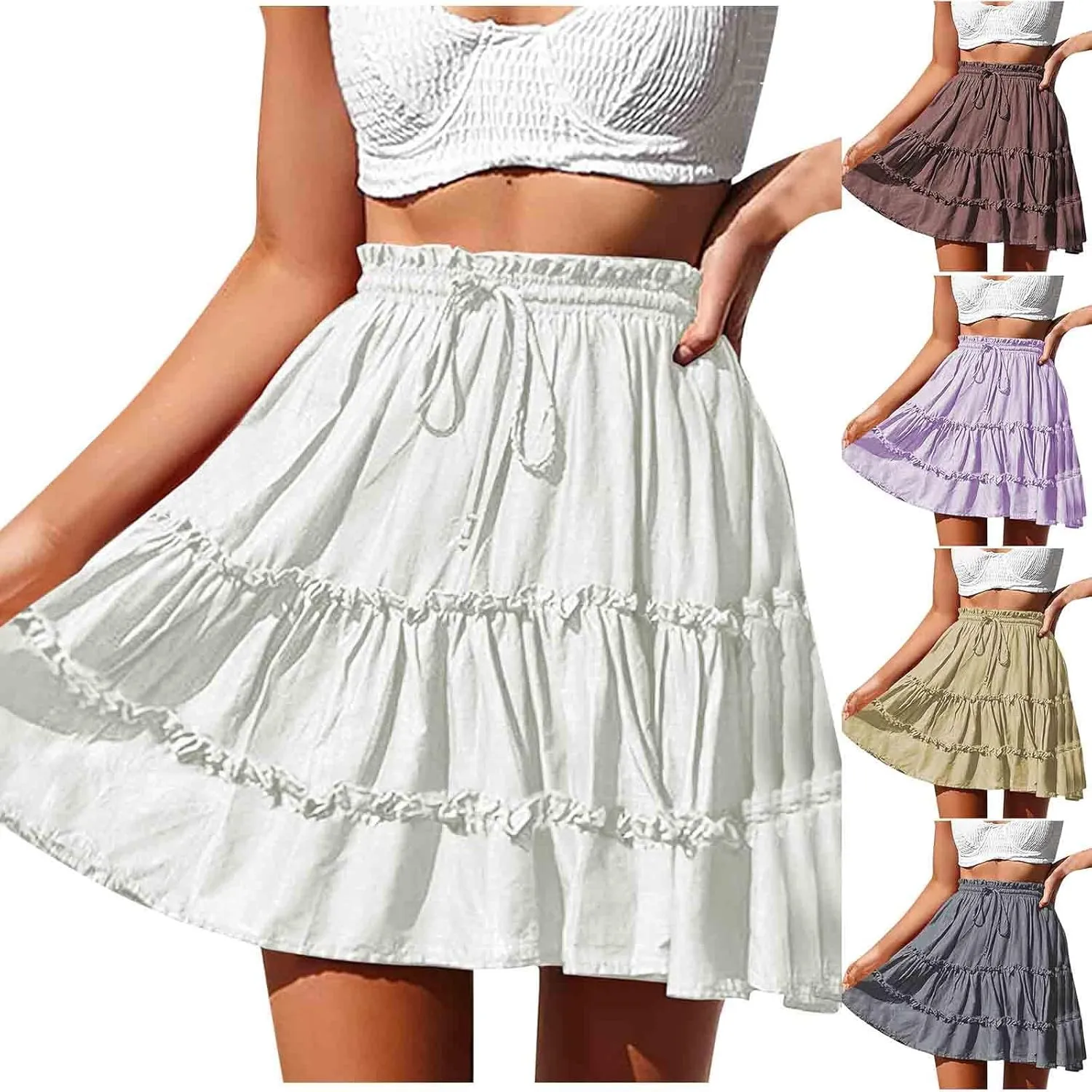 Binmer Women's Summer Boho Floral Print Mini Skirt Elastic High Waist Drawstring Tiered Skirts 2024 Summer Casual Beach Skirt