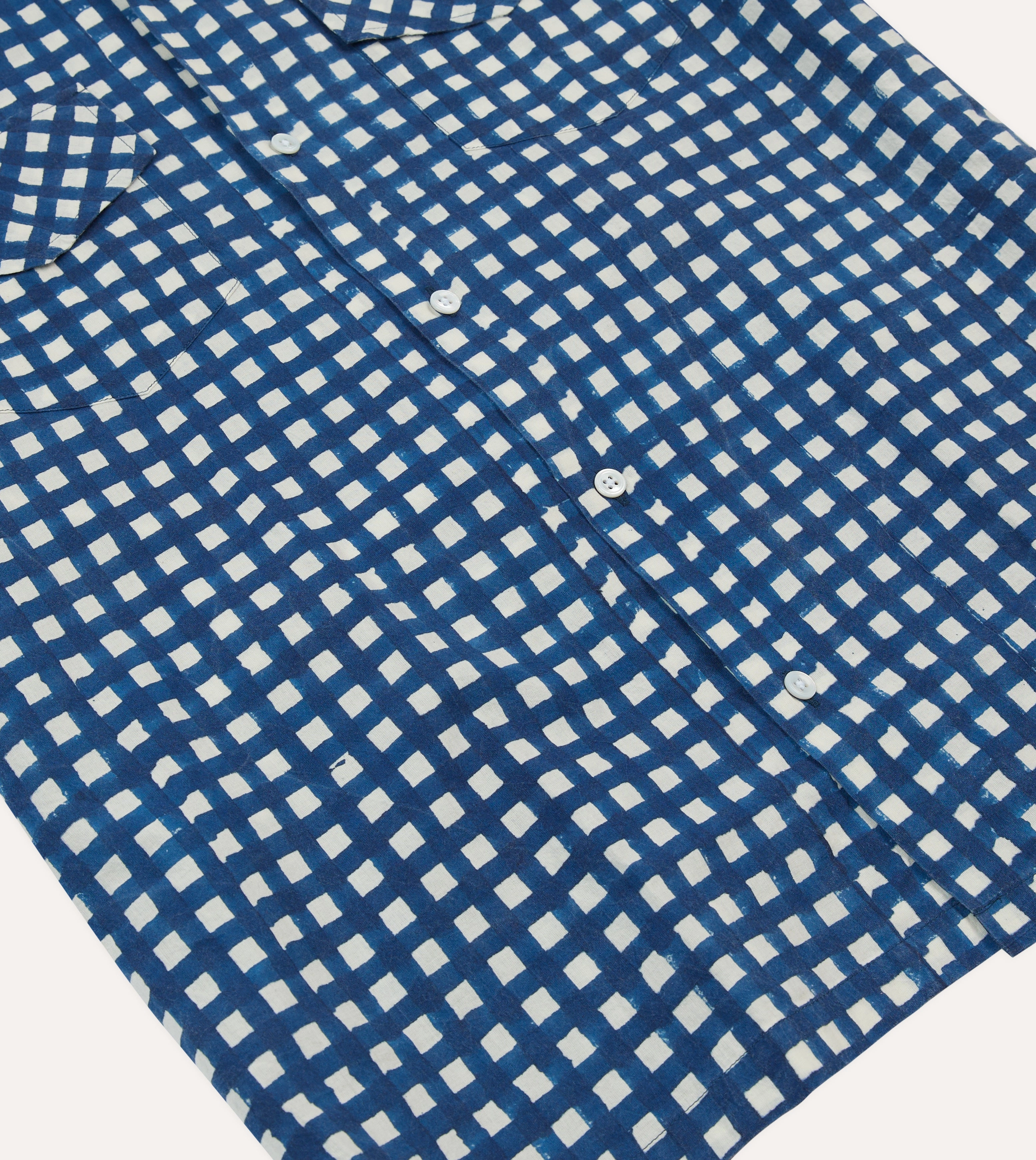 Navy Gingham Check Block Print Cotton Camp Collar Short Sleeve Shirt Low Profile Pocket Design