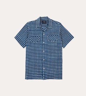 Navy Gingham Check Block Print Cotton Camp Collar Short Sleeve Shirt Creative Professional Traveler??s Choice