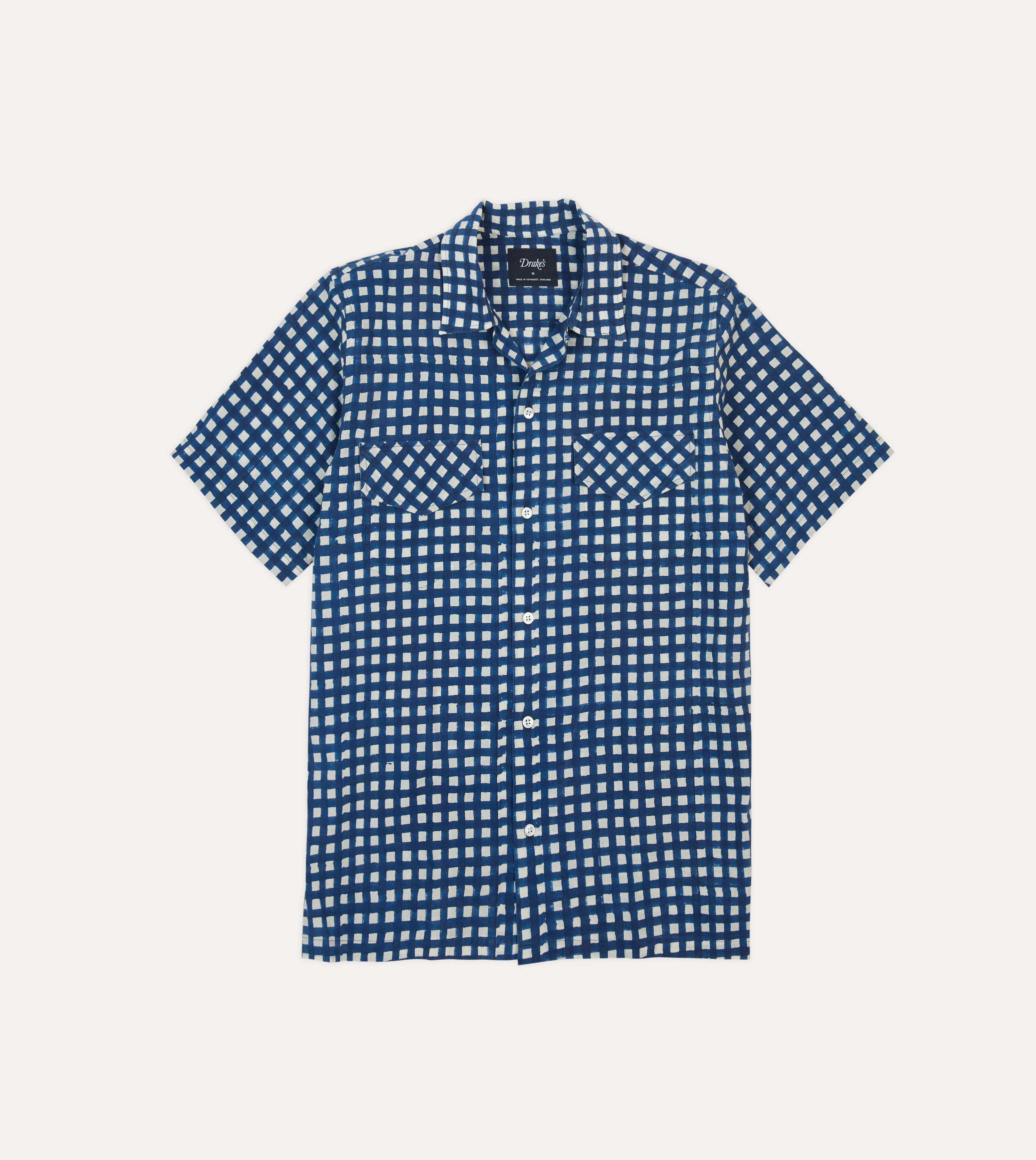 Navy Gingham Check Block Print Cotton Camp Collar Short Sleeve Shirt Creative Professional Traveler??s Choice