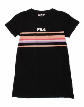 Classic Flow FILA Girls Graphic T-Shirt Dress 9-10 Years Black Striped Cotton