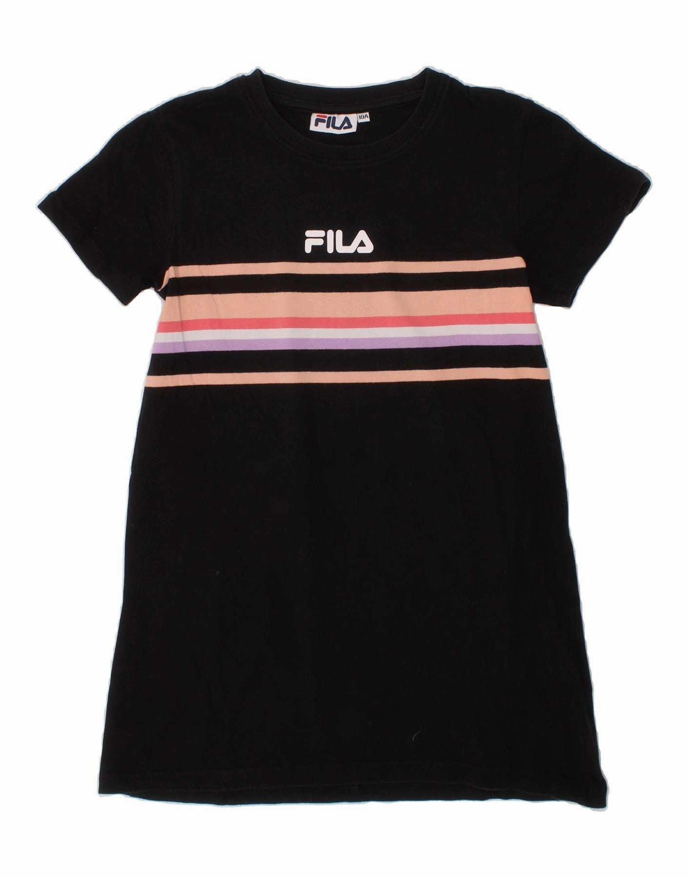 Classic Flow FILA Girls Graphic T-Shirt Dress 9-10 Years Black Striped Cotton
