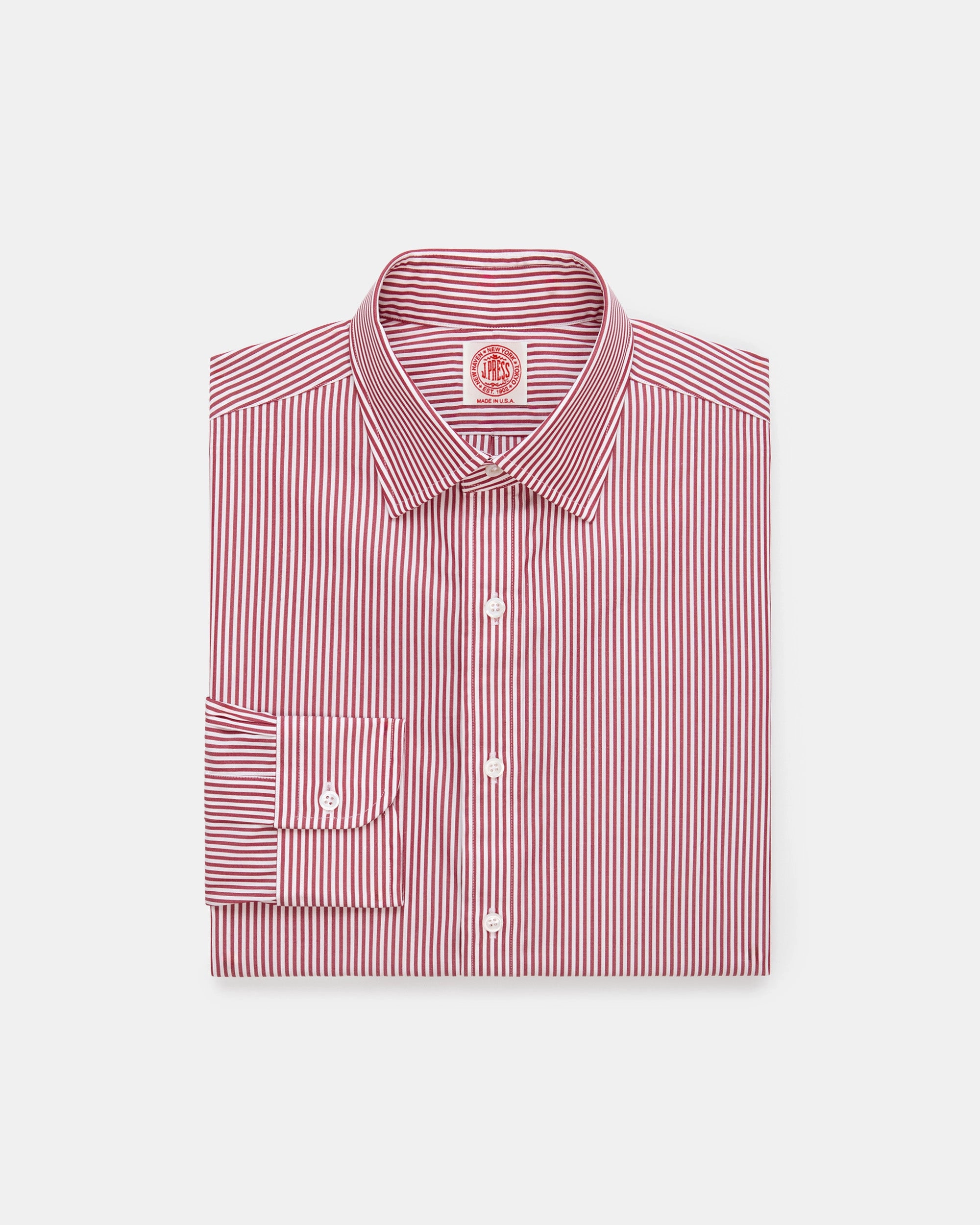 Made-in-USA Thomas Mason Red Bengal Stripe Spread Collar Dress Shirt - Regular Fit Reinforced Shoulders Classy Detail
