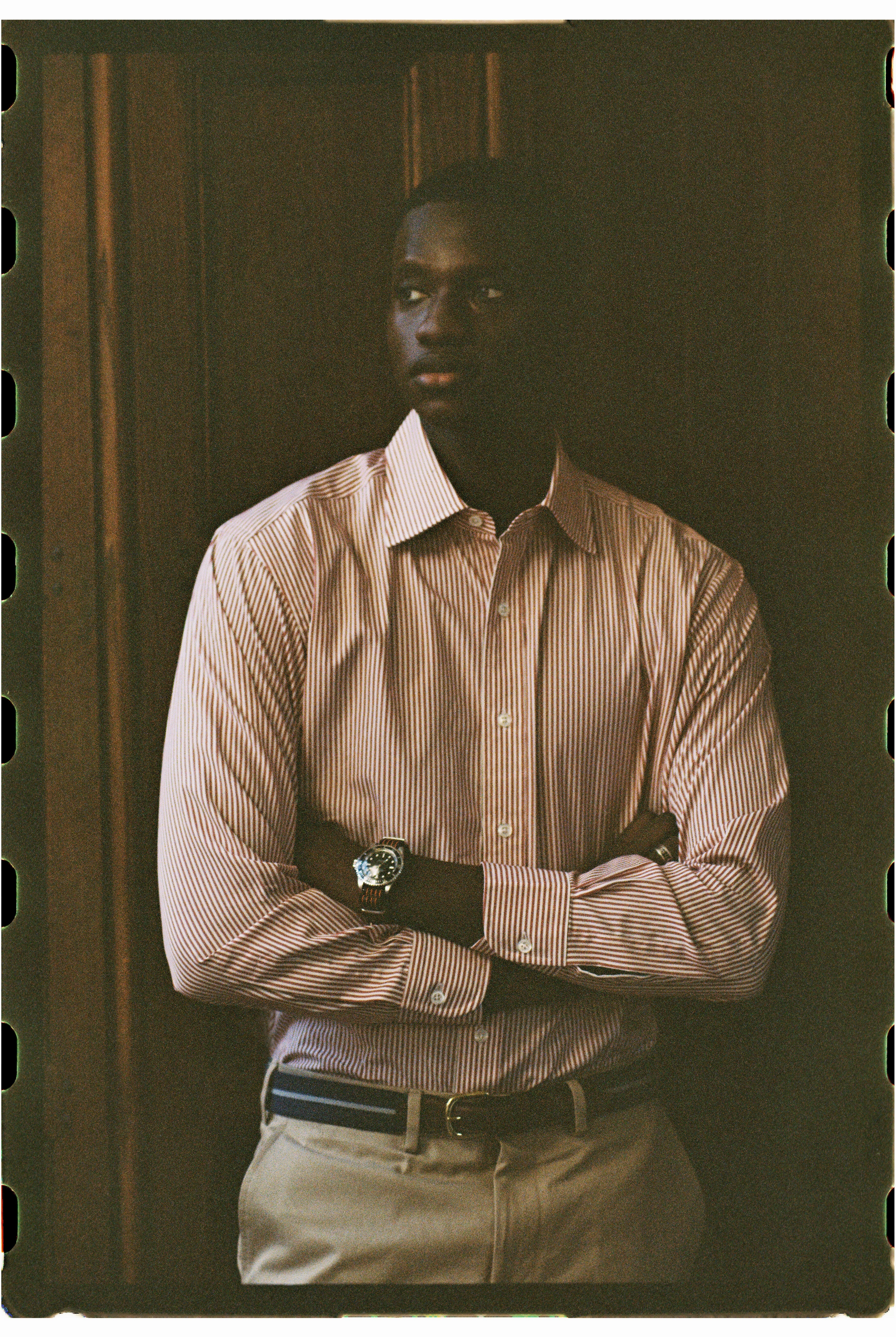Made-in-USA Thomas Mason Red Bengal Stripe Spread Collar Dress Shirt - Regular Fit Layering Essential