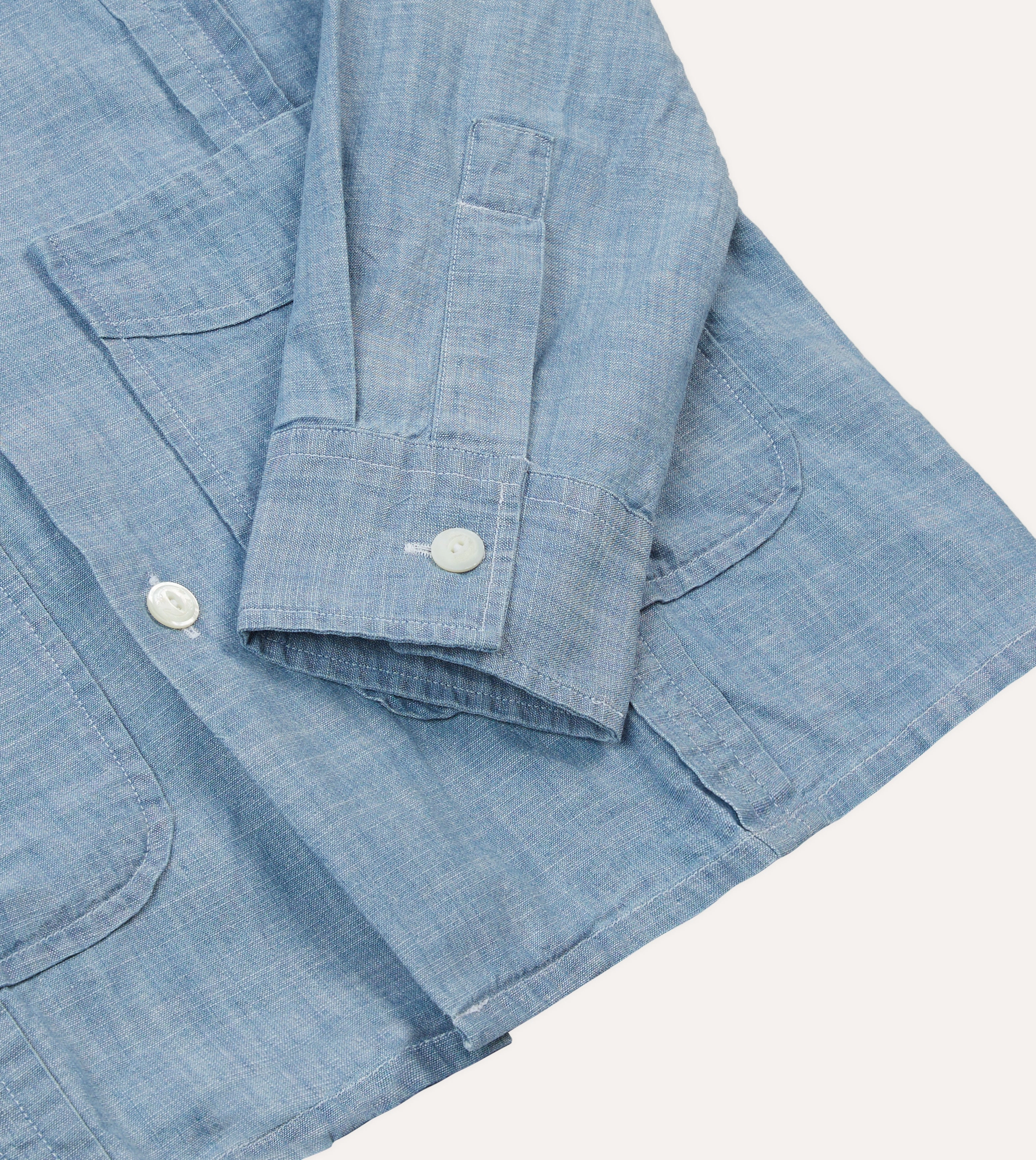 Bleach Wash Chambray Cotton Long Sleeve Cuban Shirt Sleepwear Minimalist Closure