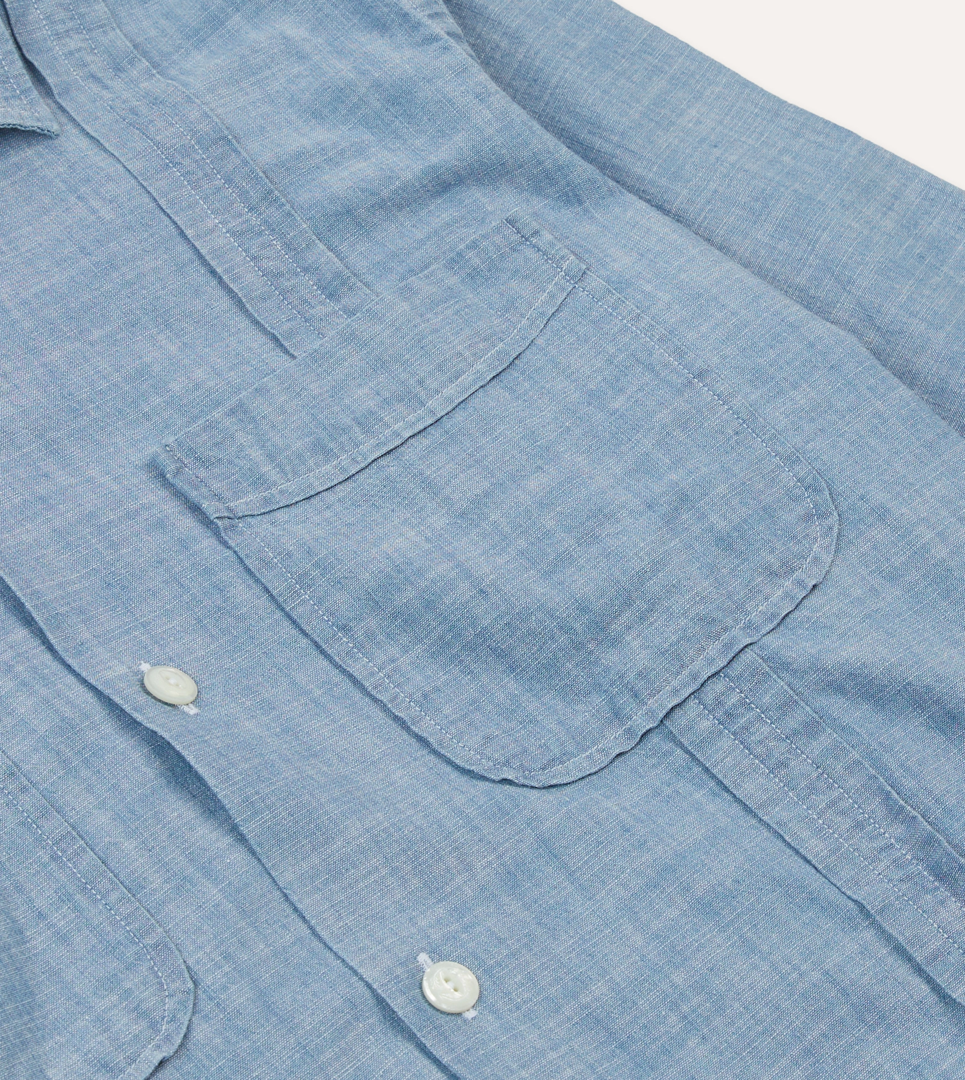 Bleach Wash Chambray Cotton Long Sleeve Cuban Shirt Seamless Shoulder Construction Camouflage Print