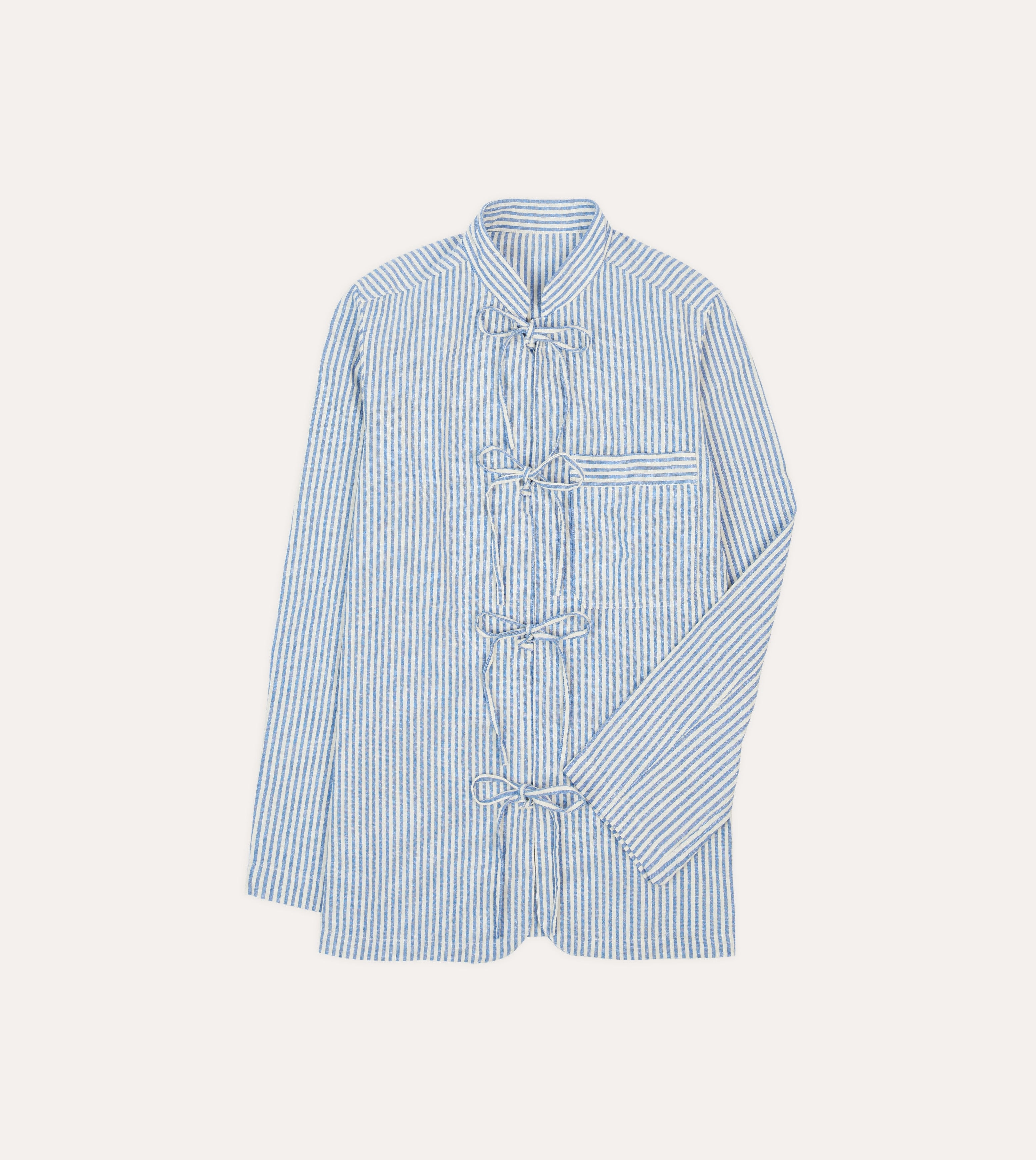 Travel-friendly Lounge Wear Blue and Ecru Stripe Tie Front Lightweight Overshirt