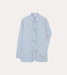 Travel-friendly Lounge Wear Blue and Ecru Stripe Tie Front Lightweight Overshirt