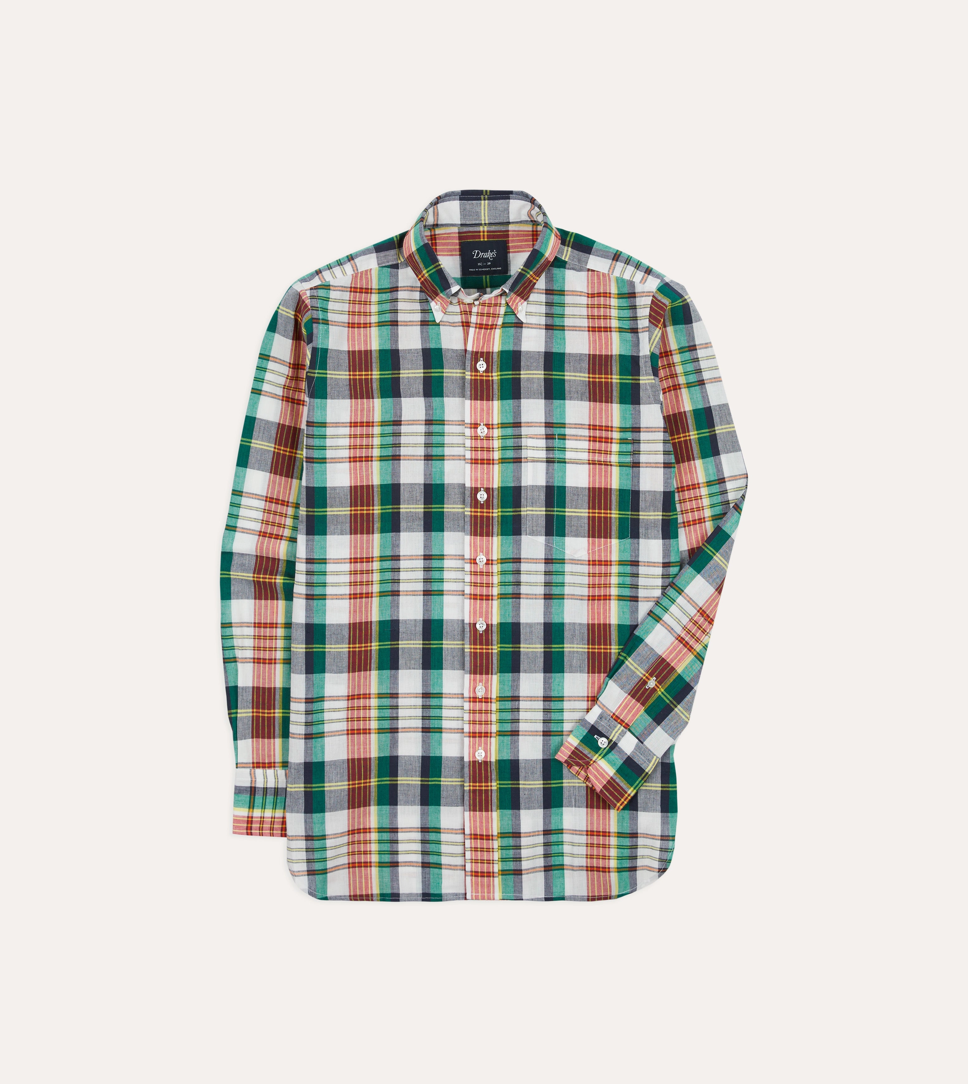 Seamless Shoulder Blue and Red Madras Check Cotton Button-Down Shirt