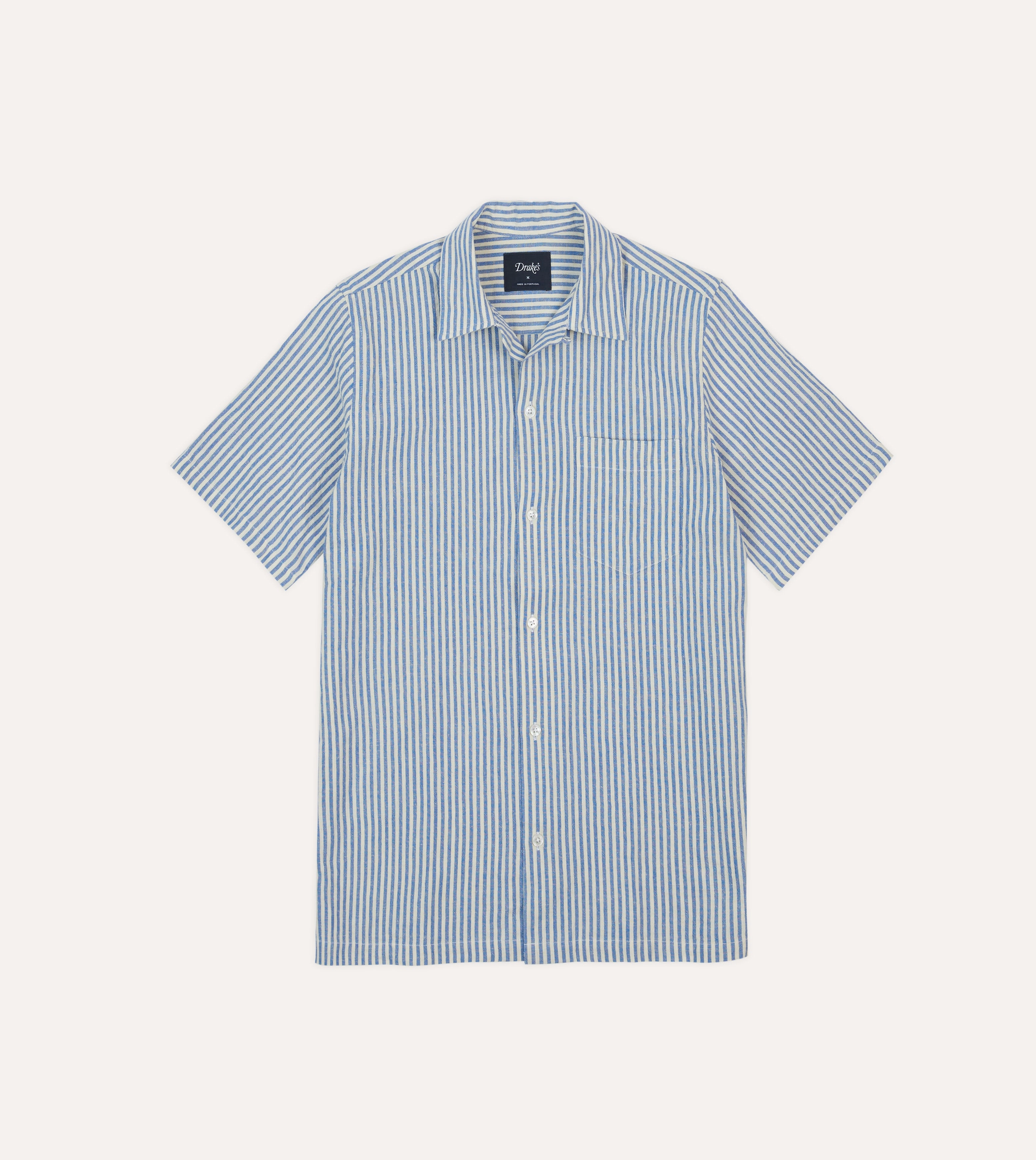 Blue and White Stripe Cotton-Linen Camp Collar Short Sleeve Shirt Fall Foliage