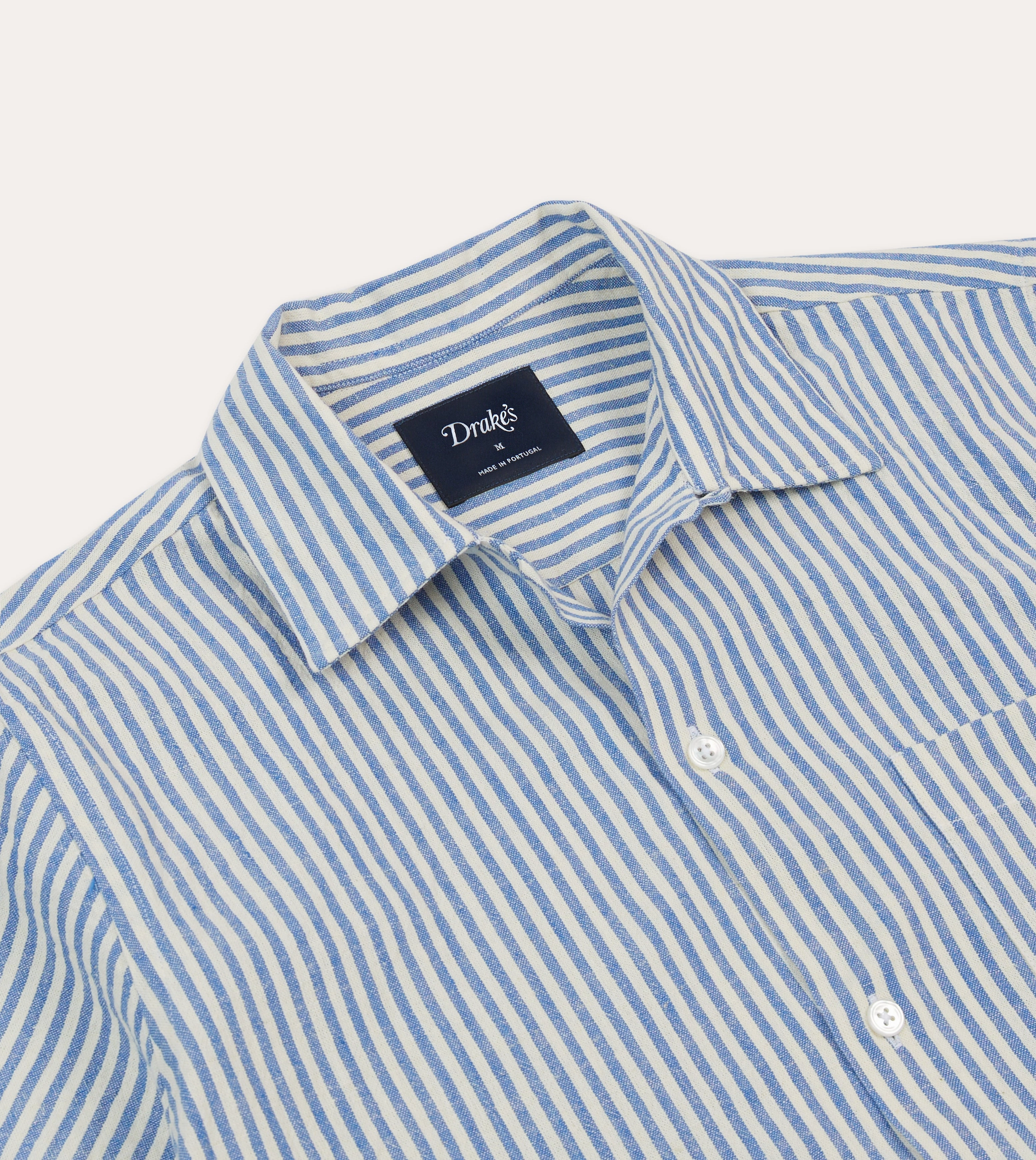 Double Needle Hemming Blue and White Stripe Cotton-Linen Camp Collar Short Sleeve Shirt