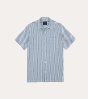 Blue and White Stripe Cotton-Linen Camp Collar Short Sleeve Shirt Fall Foliage