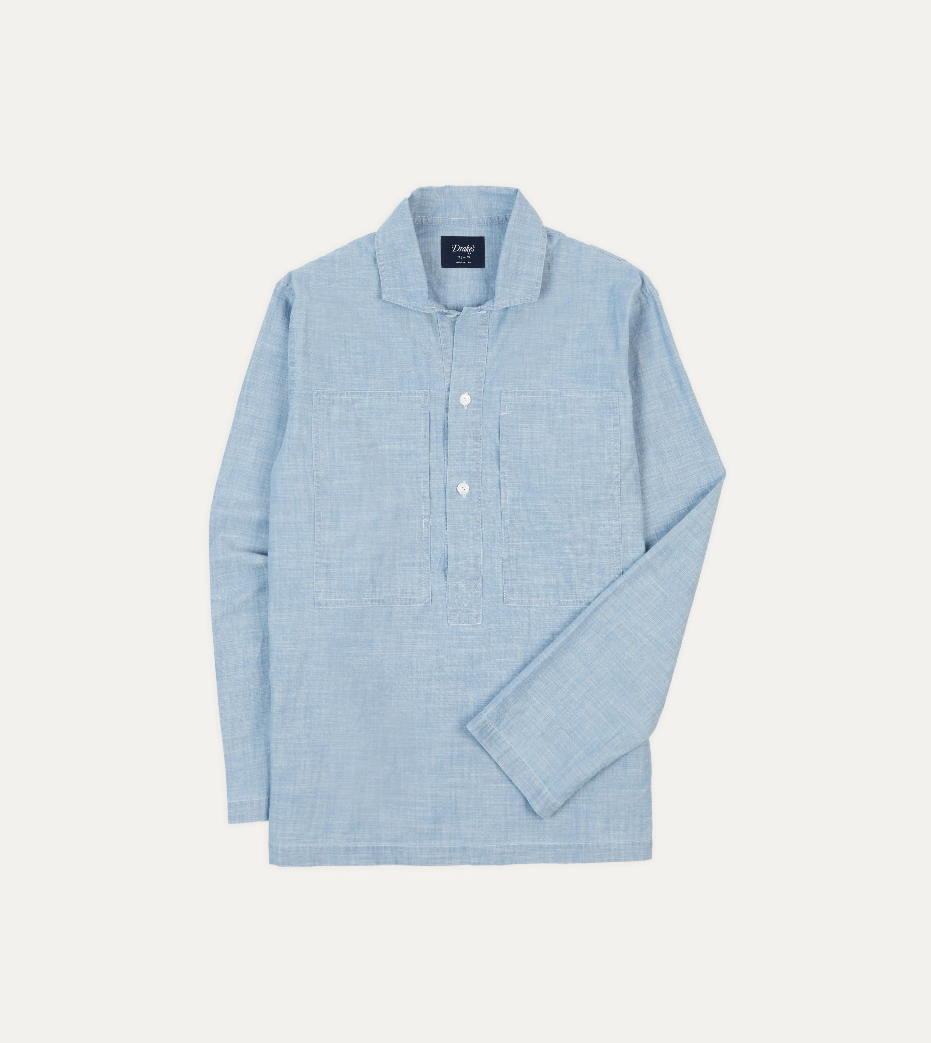 Premium Feel Nautical Look Blue Cotton Chambray Spread Collar Popover Shirt